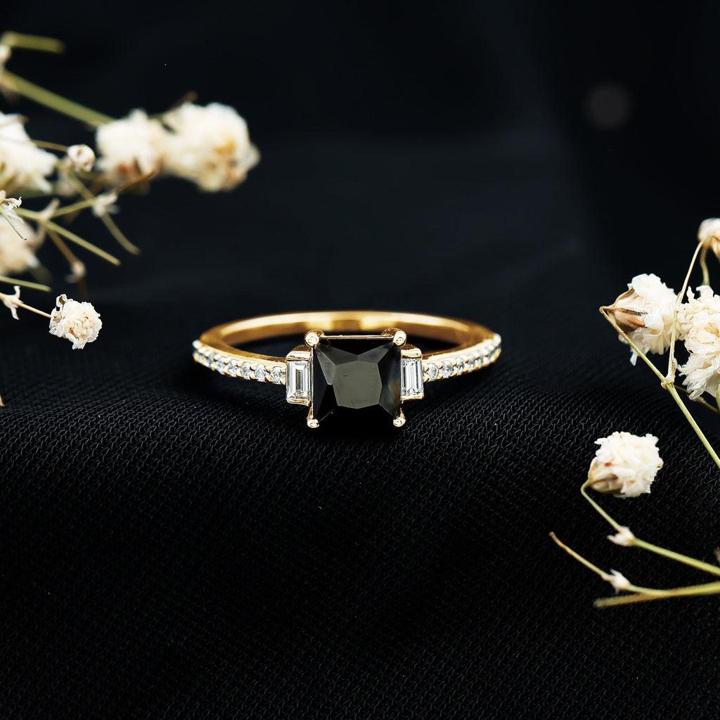 Princess Cut Created Black Diamond Solitaire Ring with Diamond Side Stones