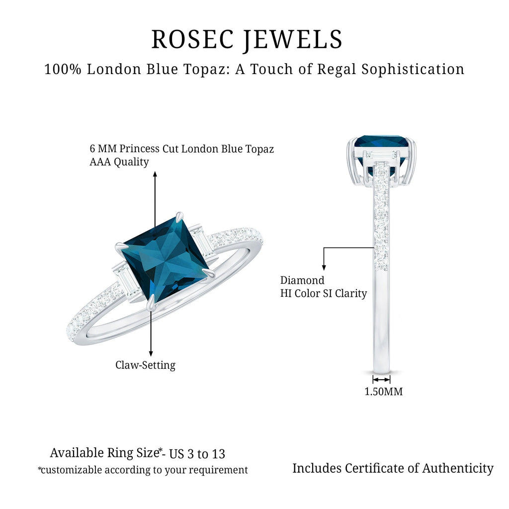 6mm Princess Cut London Blue Topaz Classic Engagement Ring with Diamond