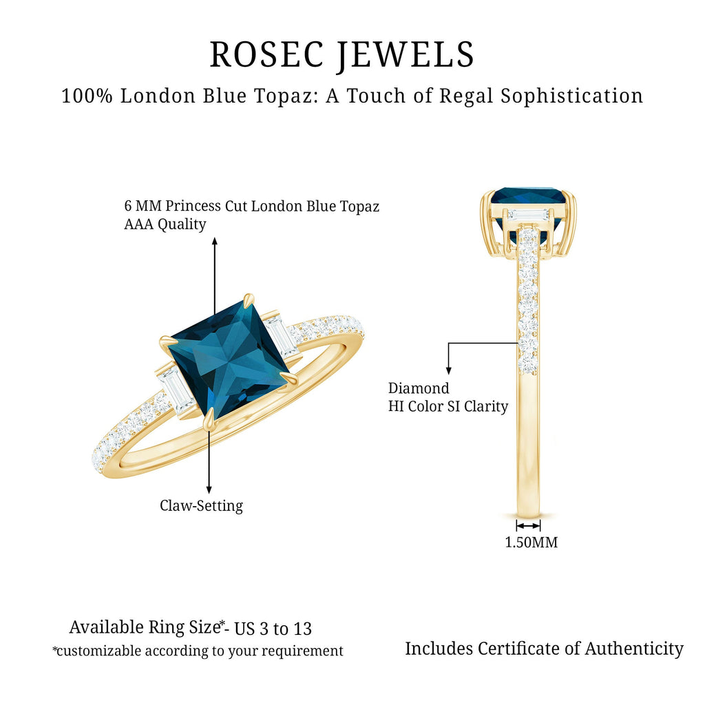 6mm Princess Cut London Blue Topaz Classic Engagement Ring with Diamond