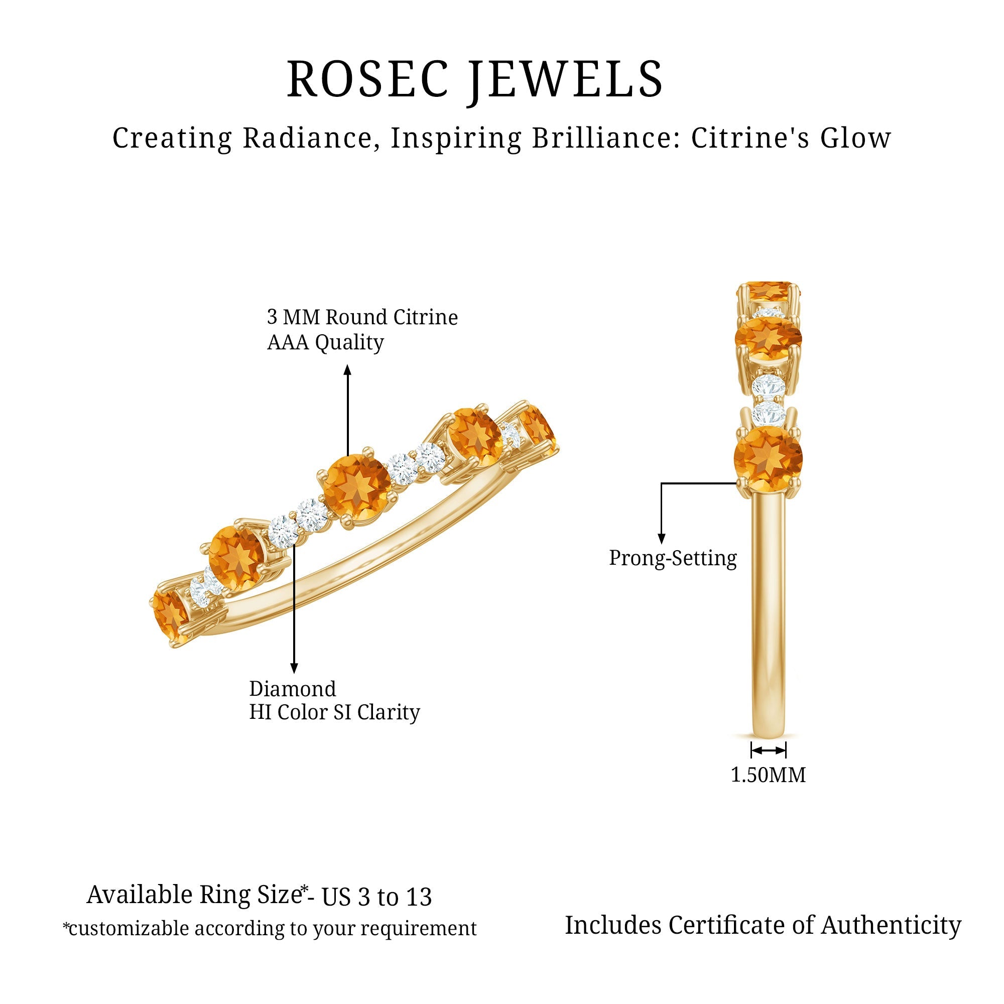 Natural Citrine Diamond Half Eternity Ring for Anniversary