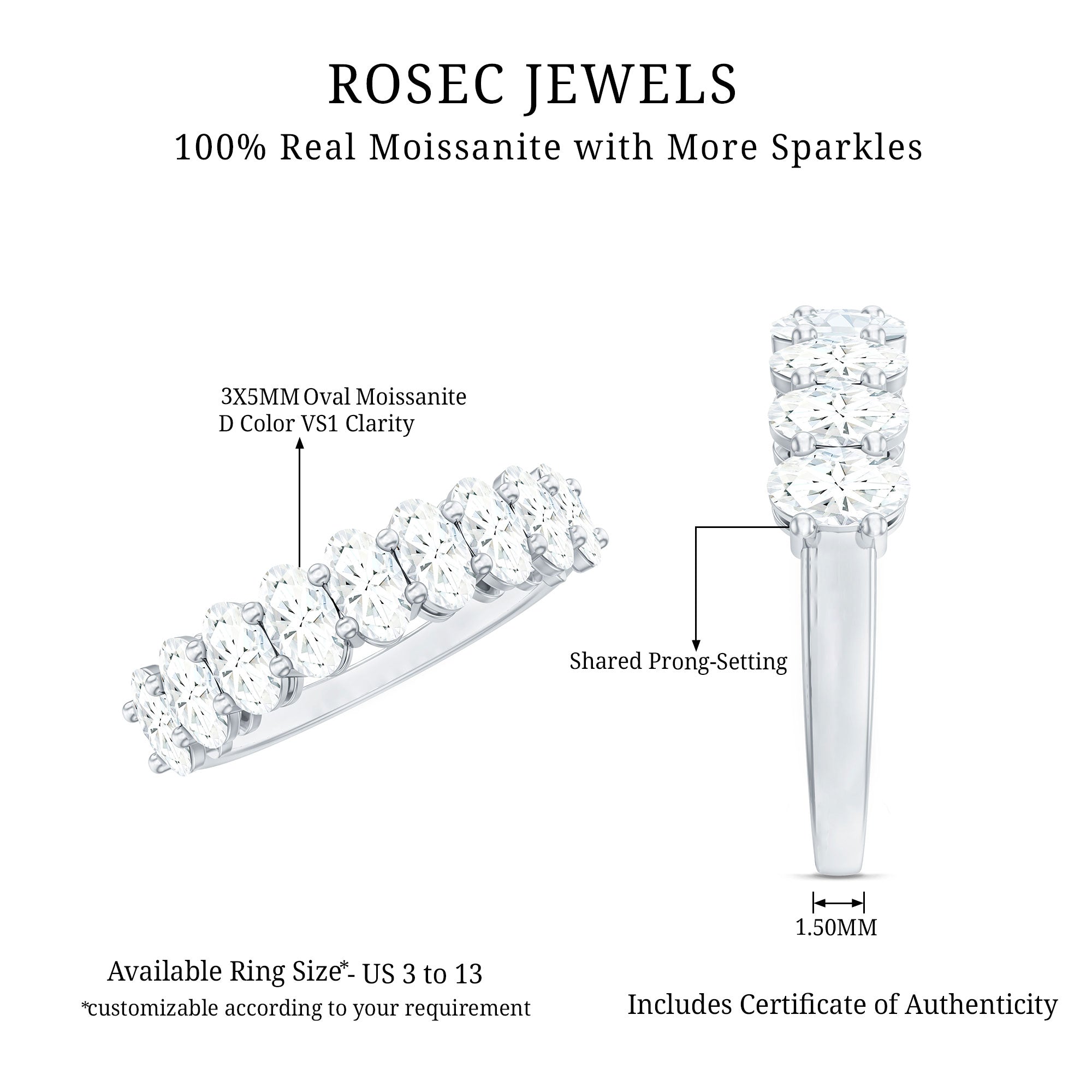 2.50 CT Oval Moissanite Half Eternity Band Ring in Gold