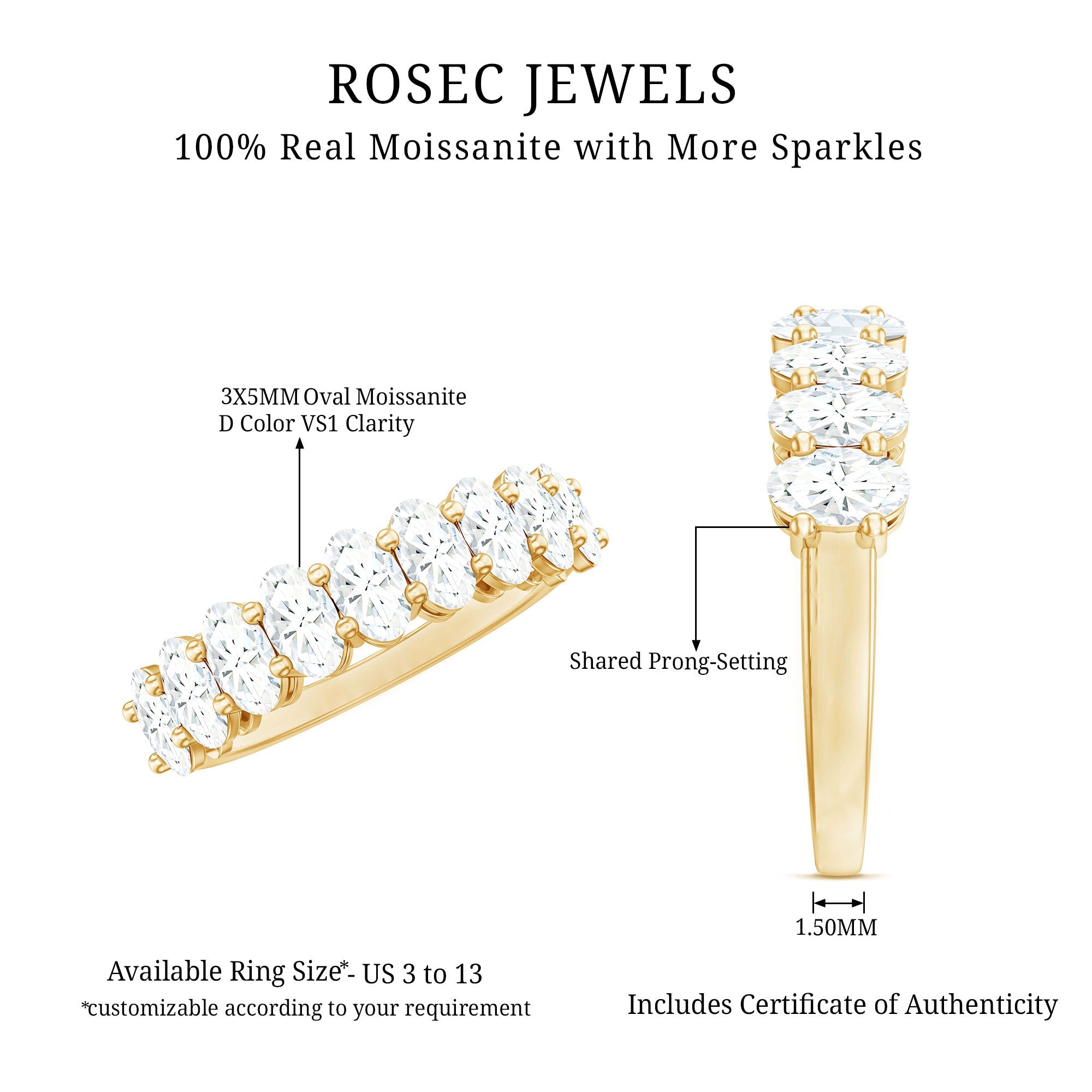 2.50 CT Oval Moissanite Half Eternity Band Ring in Gold