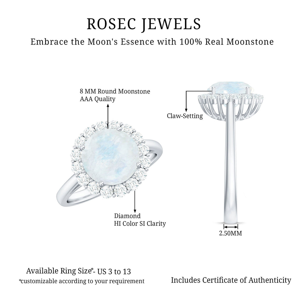 Round Moonstone Simple Halo Engagement Ring with Diamond