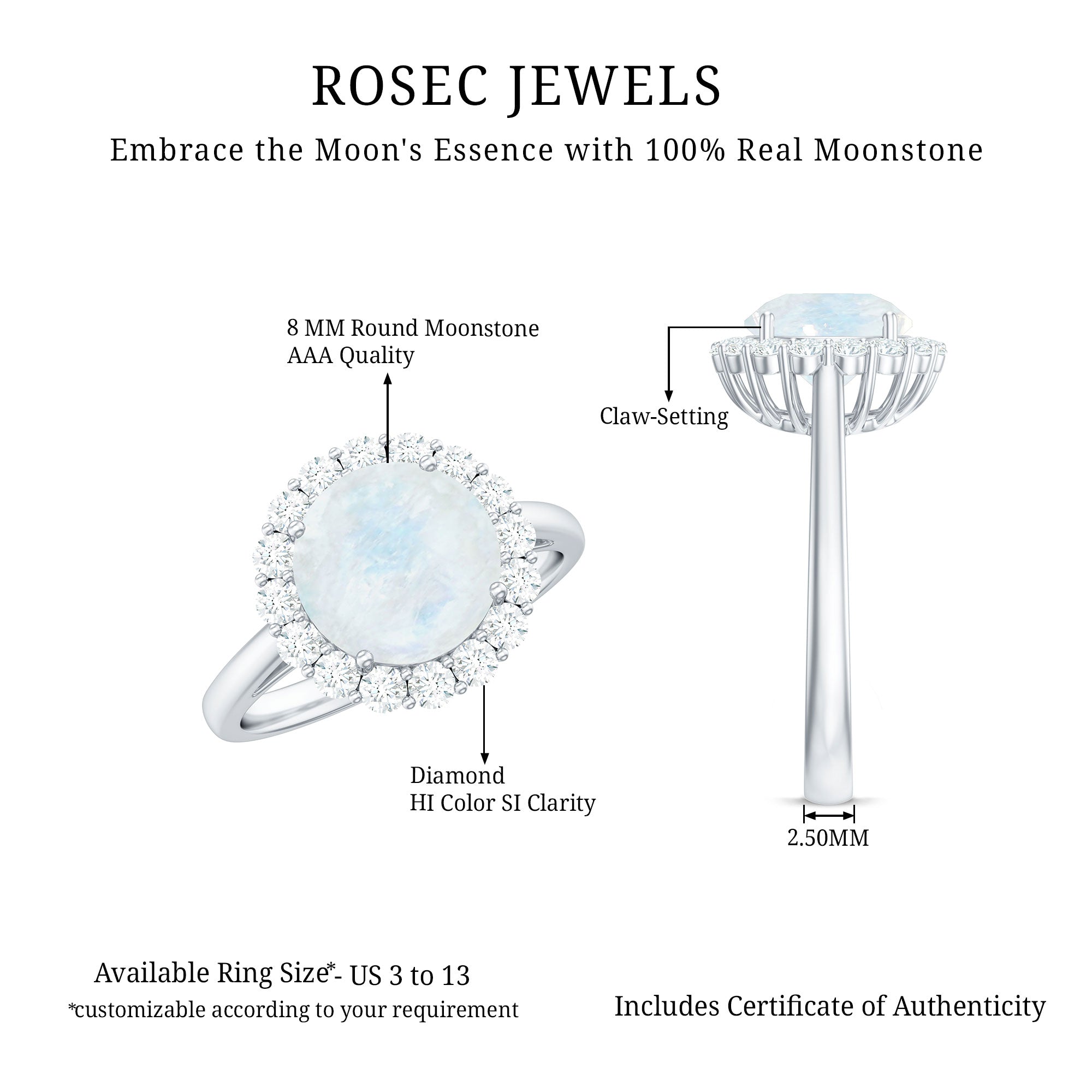 Round Moonstone Simple Halo Engagement Ring with Diamond