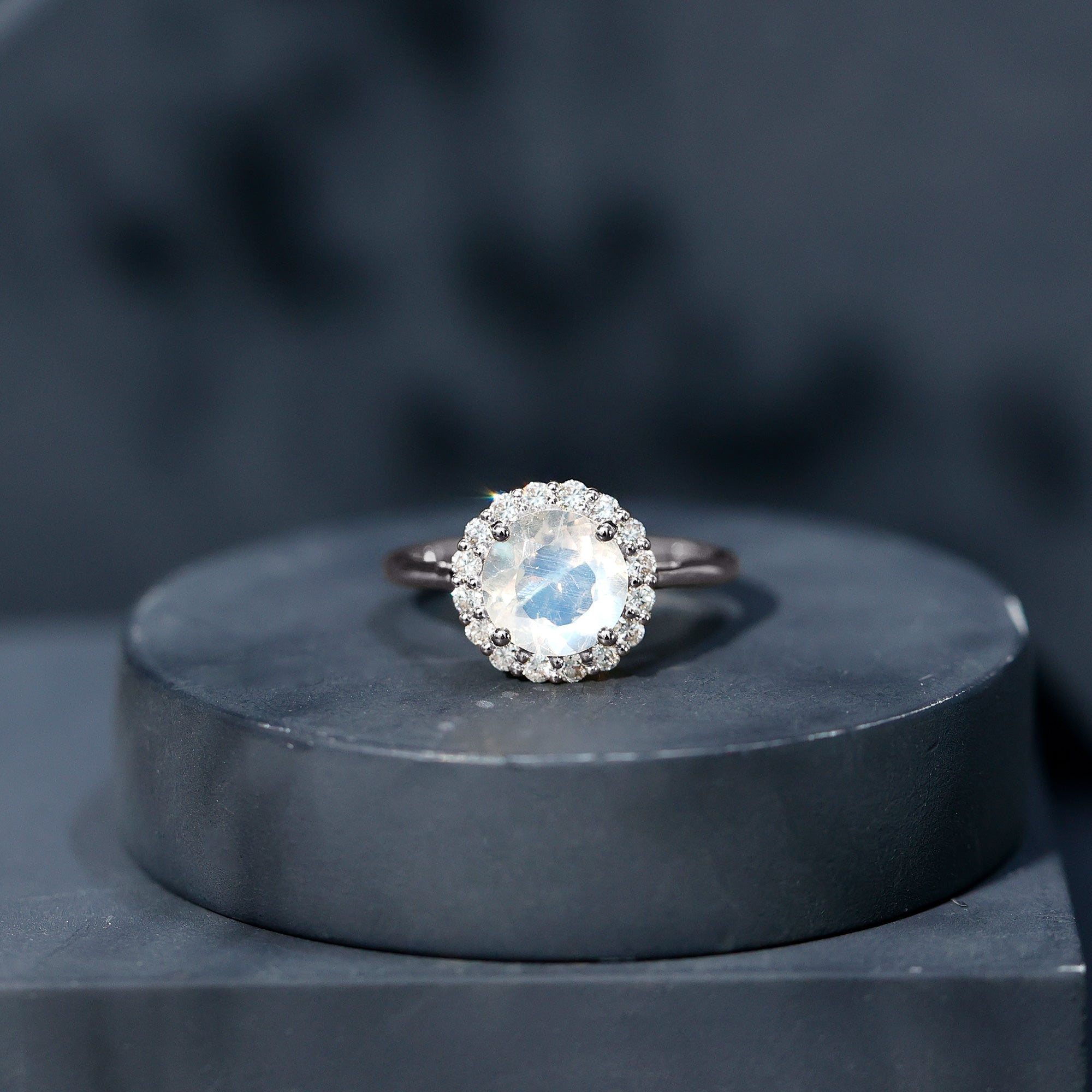 Round Moonstone Simple Halo Engagement Ring with Diamond
