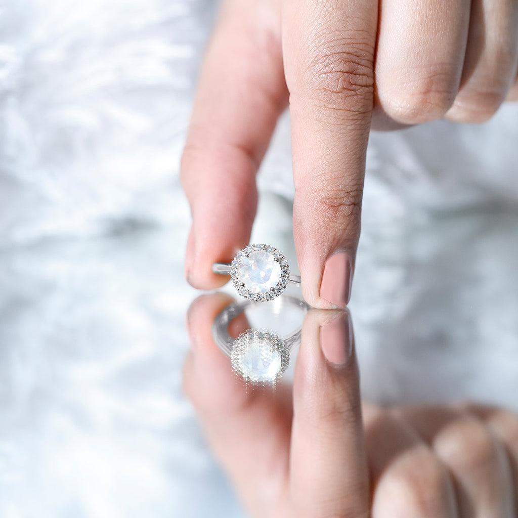 Round Moonstone Simple Halo Engagement Ring with Diamond