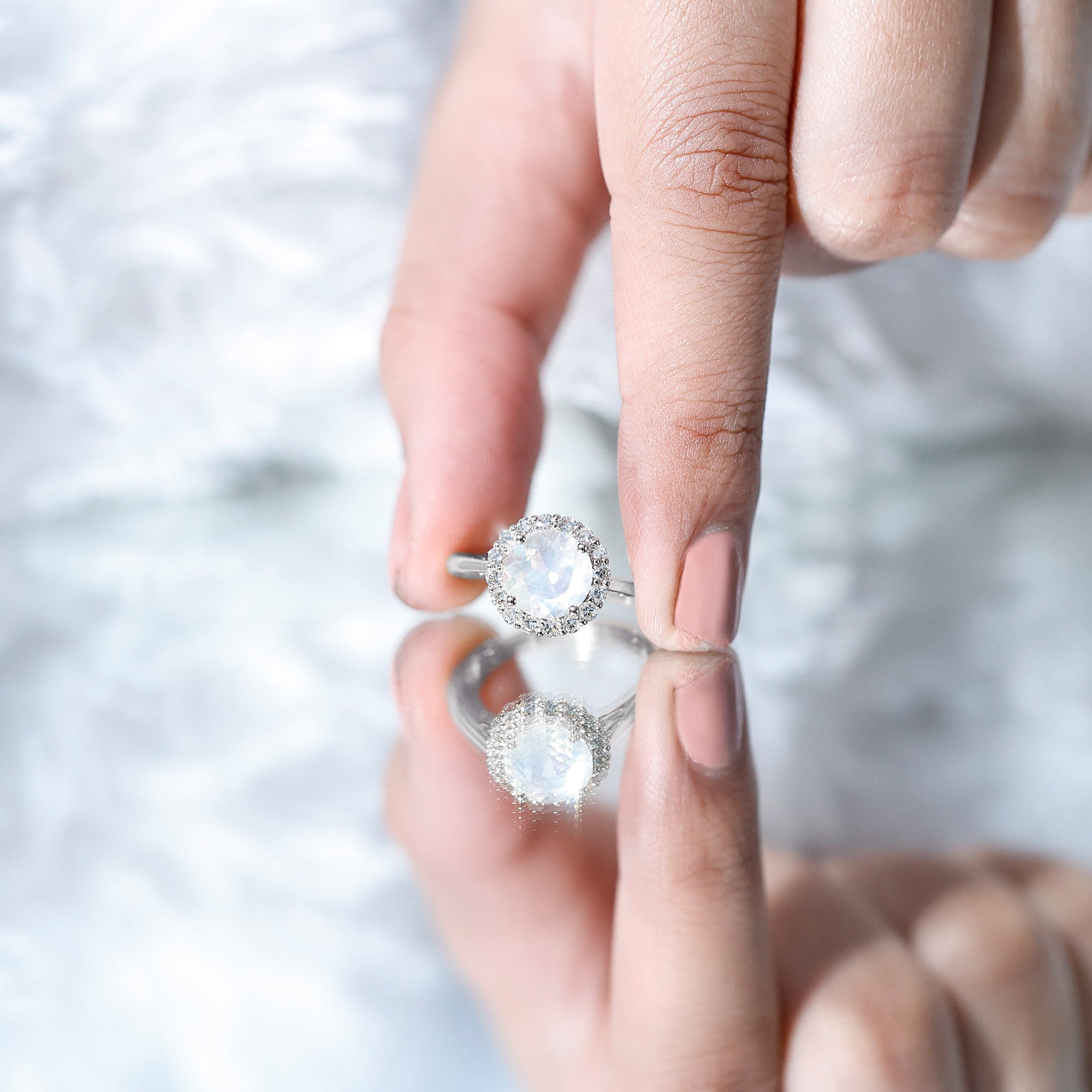 Round Moonstone Simple Halo Engagement Ring with Diamond