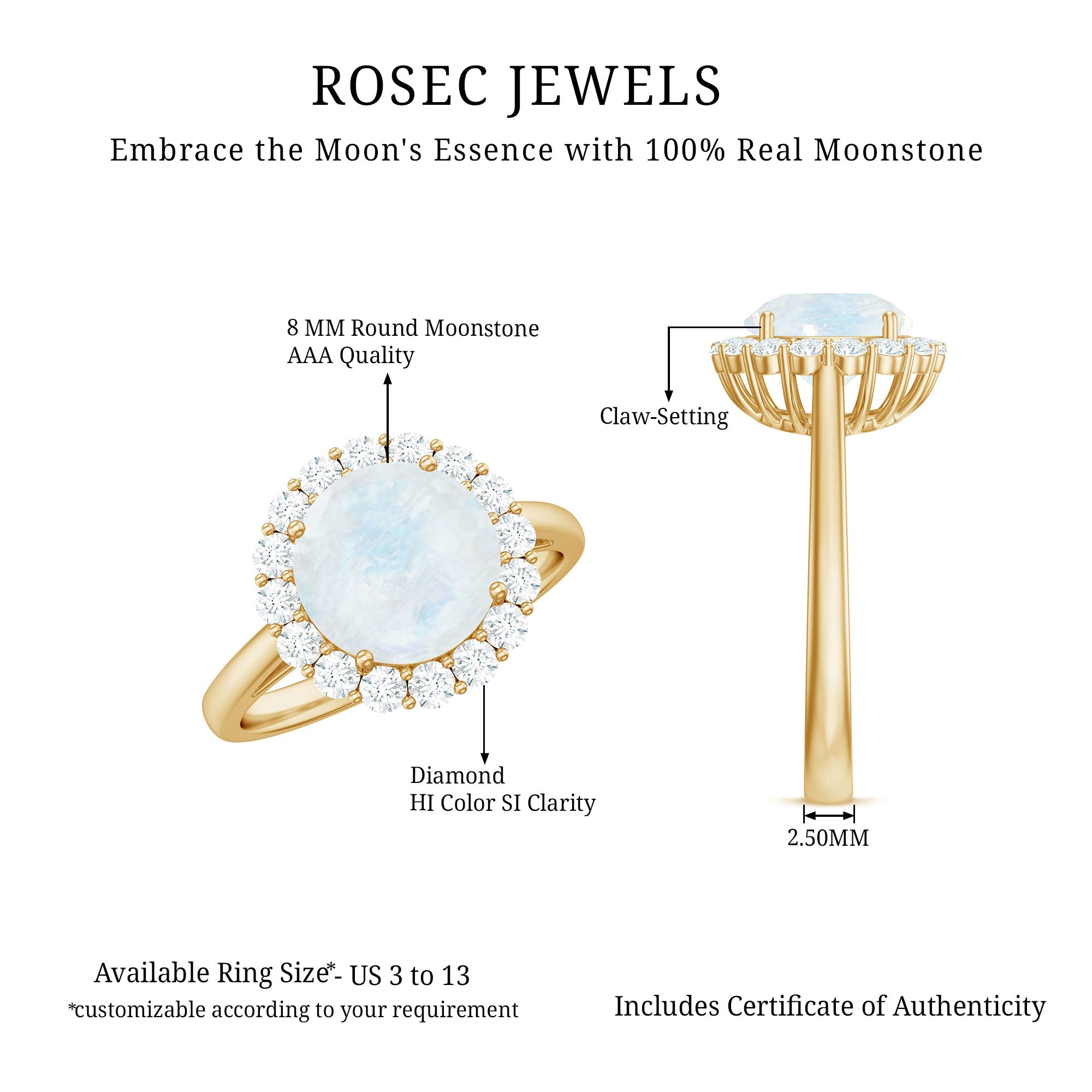 Round Moonstone Simple Halo Engagement Ring with Diamond