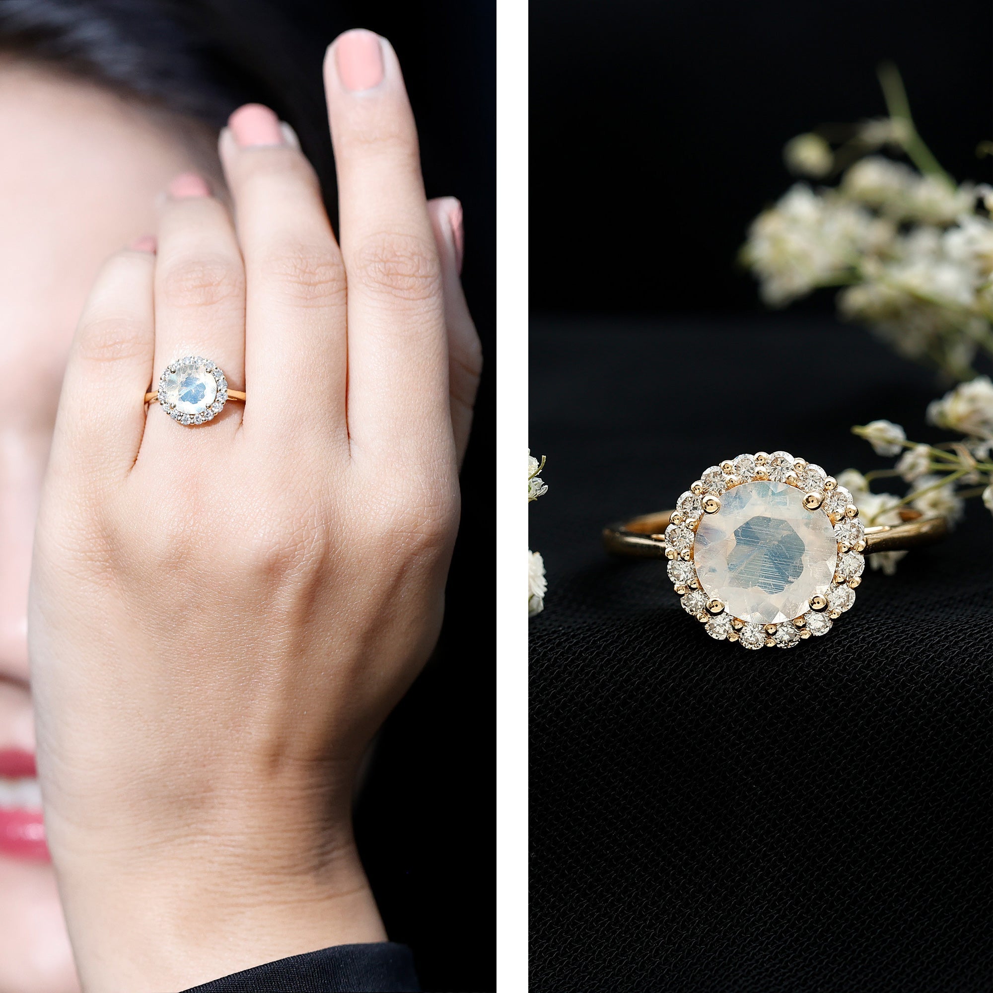 Round Moonstone Simple Halo Engagement Ring with Diamond