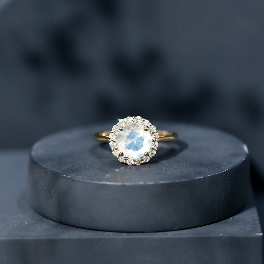Round Moonstone Simple Halo Engagement Ring with Diamond