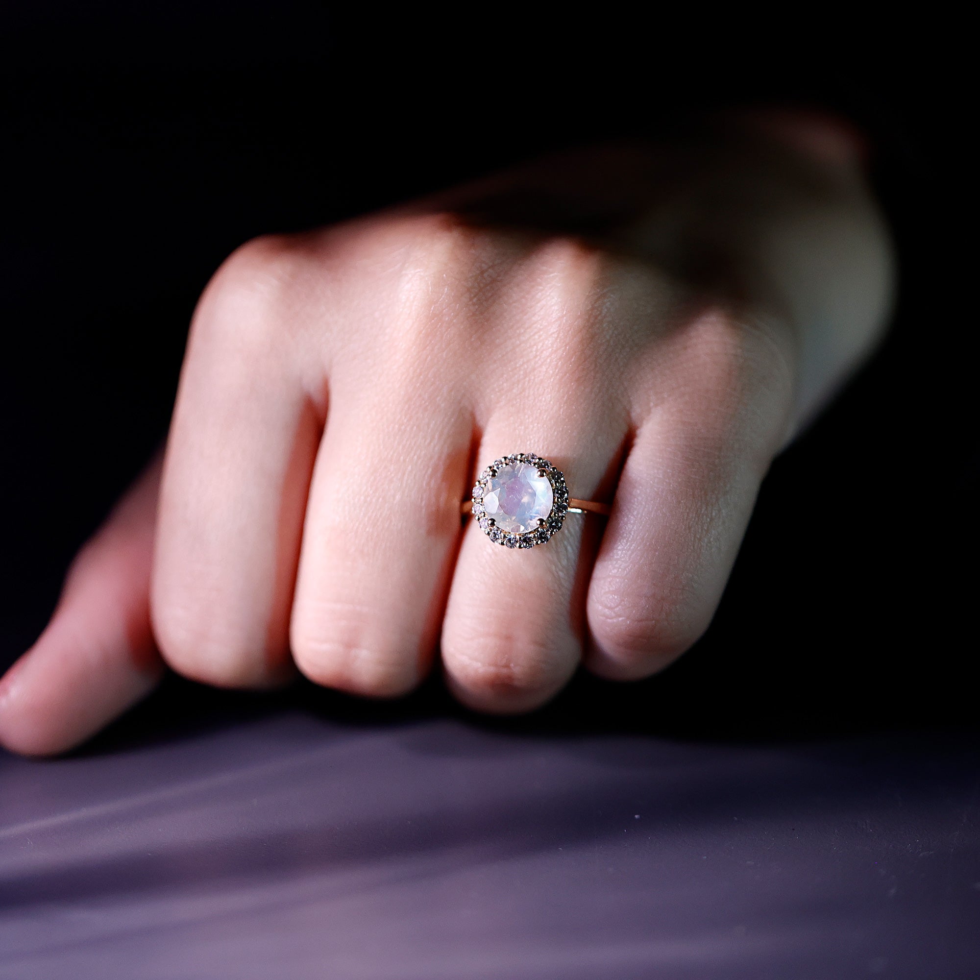 Round Moonstone Simple Halo Engagement Ring with Diamond