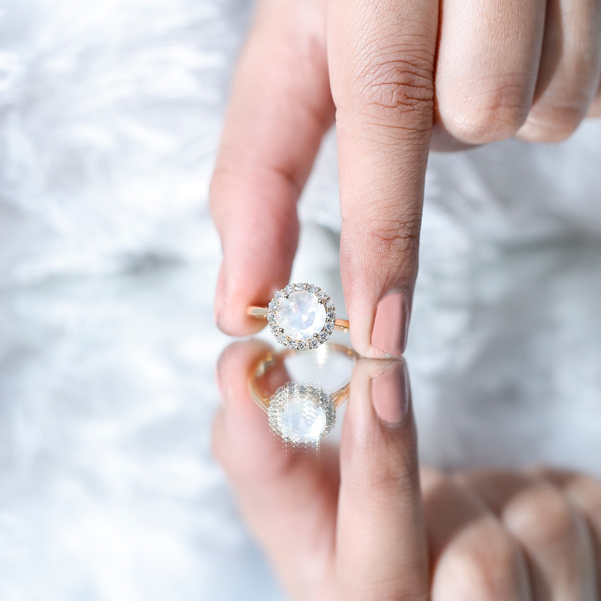 Round Moonstone Simple Halo Engagement Ring with Diamond