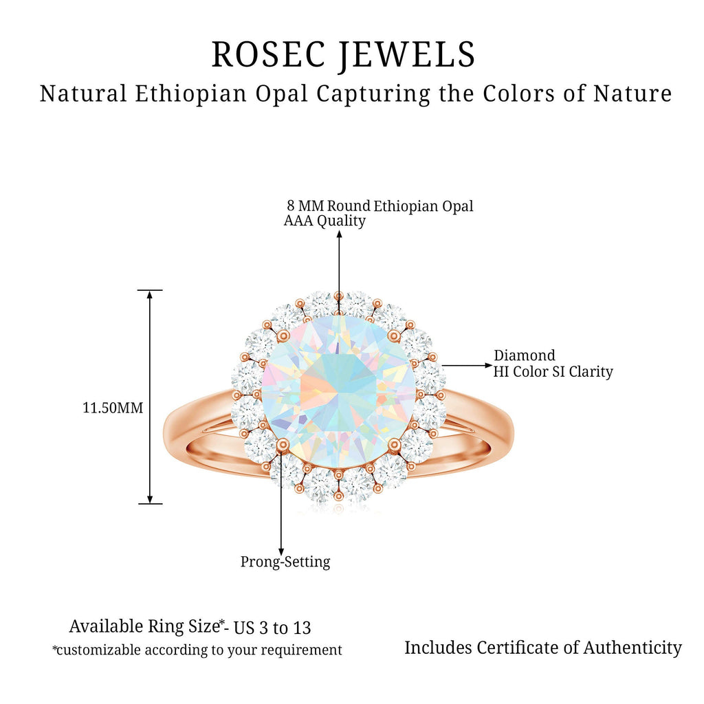 Certified Real 8mm Ethiopian Rainbow Opal Engagement Ring with Diamond Halo