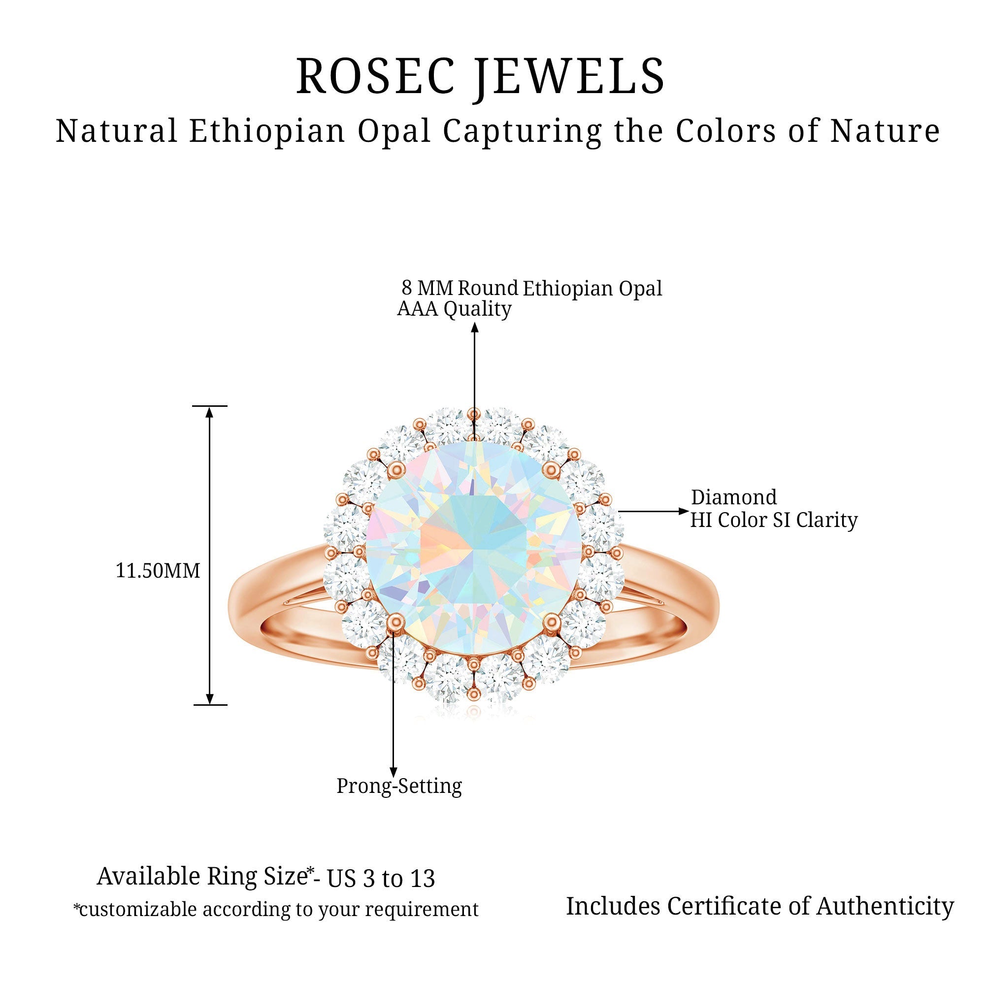 Certified Real 8mm Ethiopian Rainbow Opal Engagement Ring with Diamond Halo