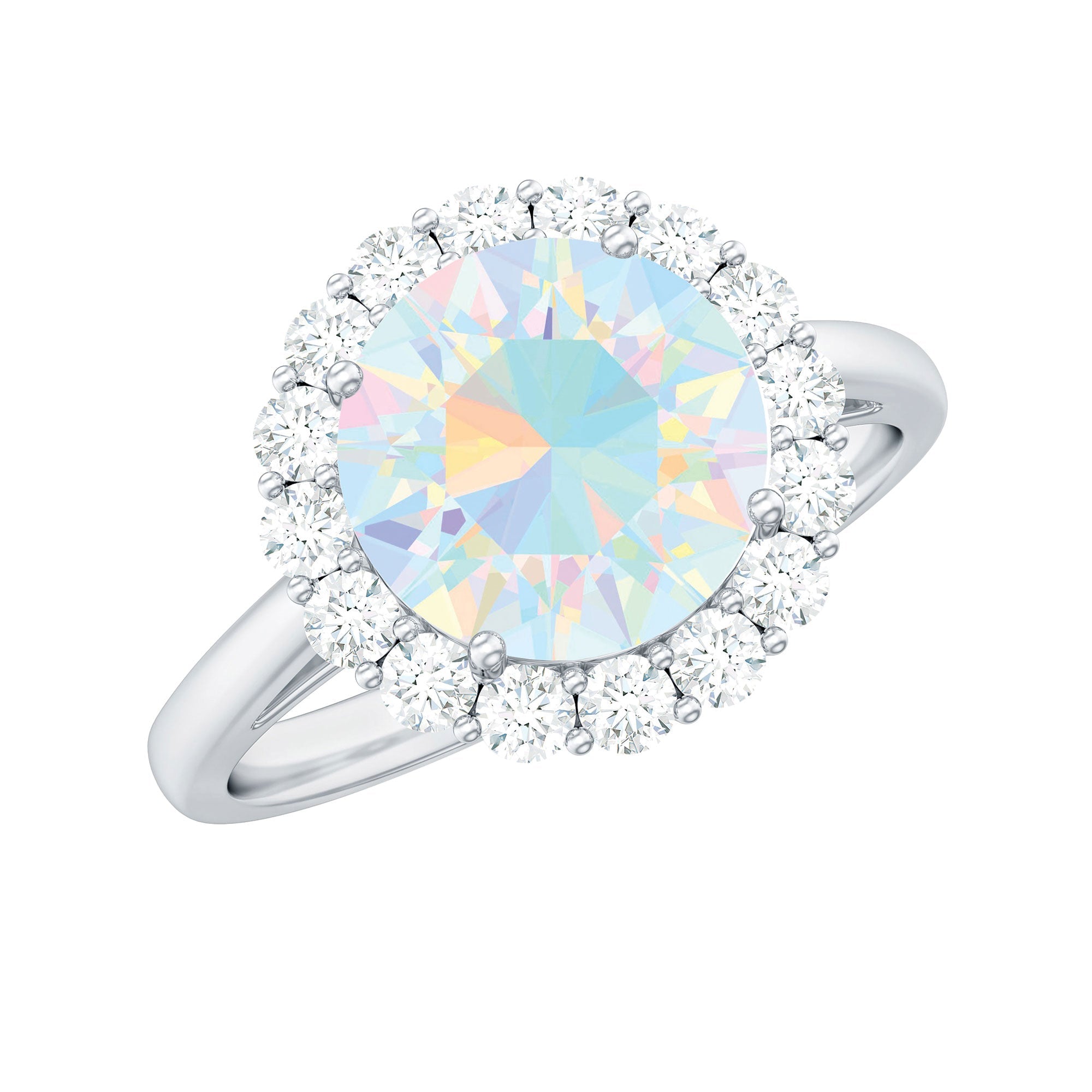 Certified Real 8mm Ethiopian Rainbow Opal Engagement Ring with Diamond Halo