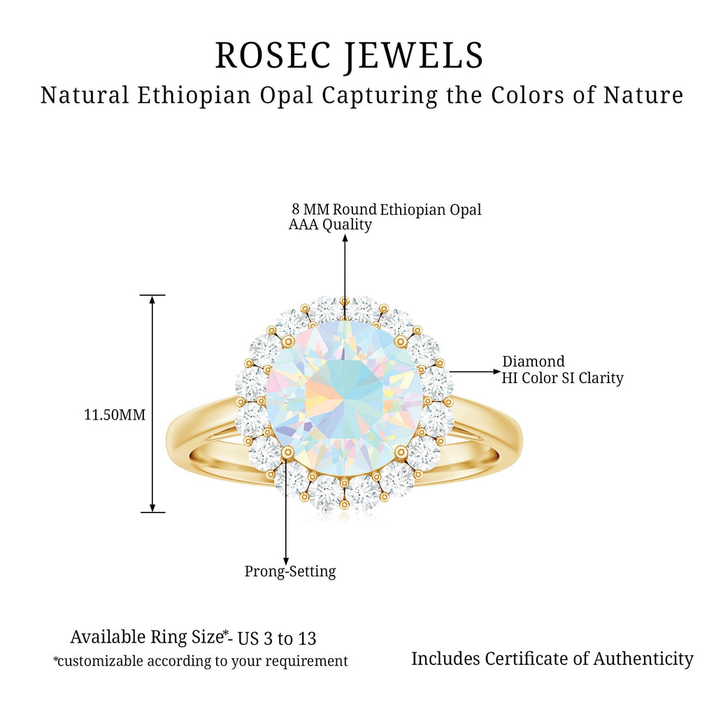 Certified Real 8mm Ethiopian Rainbow Opal Engagement Ring with Diamond Halo
