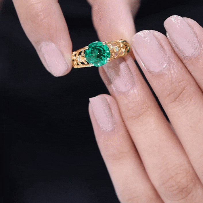 Certified 8 mm Lab Grown Emerald Antique Engagement Ring