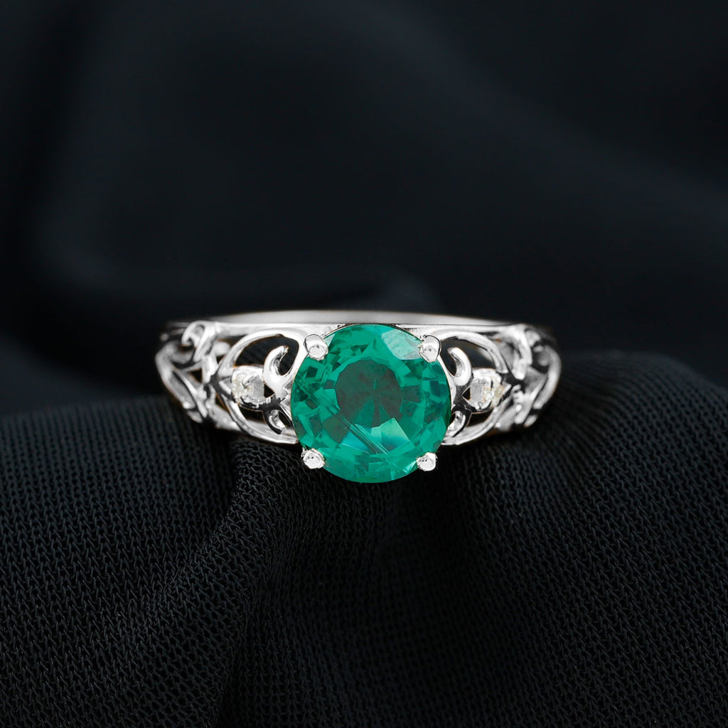 Certified 8 mm Lab Grown Emerald Antique Engagement Ring
