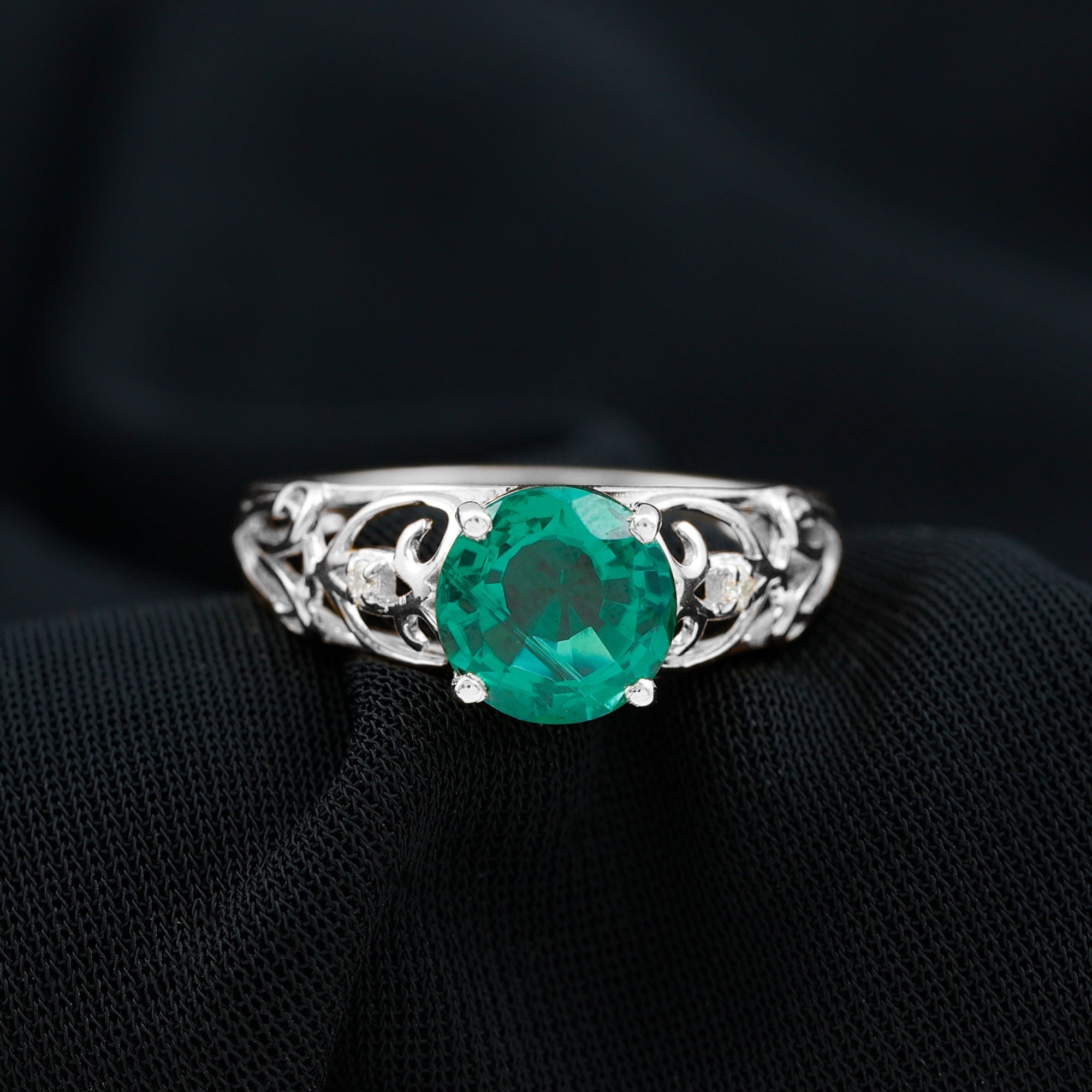 Certified 8 mm Lab Grown Emerald Antique Engagement Ring