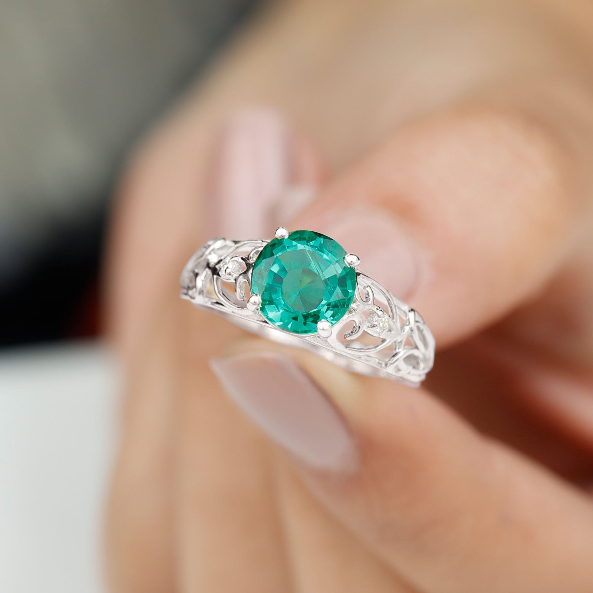 Certified 8 mm Lab Grown Emerald Antique Engagement Ring