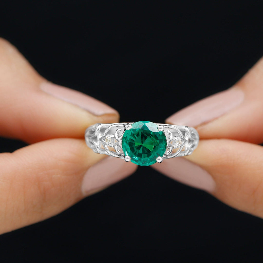 Certified 8 mm Lab Grown Emerald Antique Engagement Ring