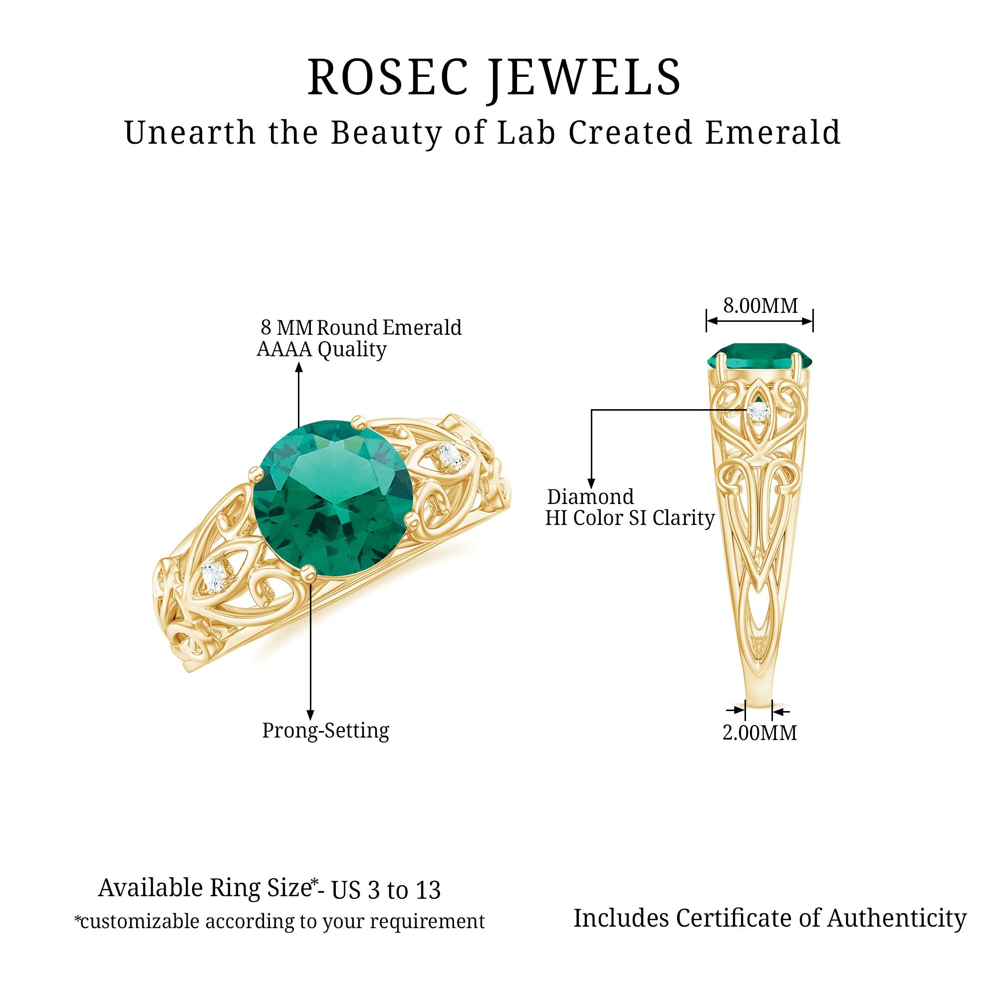 Certified 8 mm Lab Grown Emerald Antique Engagement Ring