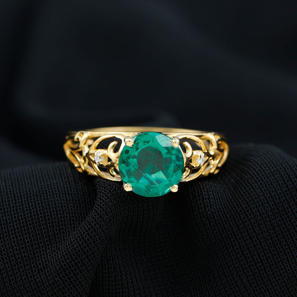 Certified 8 mm Lab Grown Emerald Antique Engagement Ring