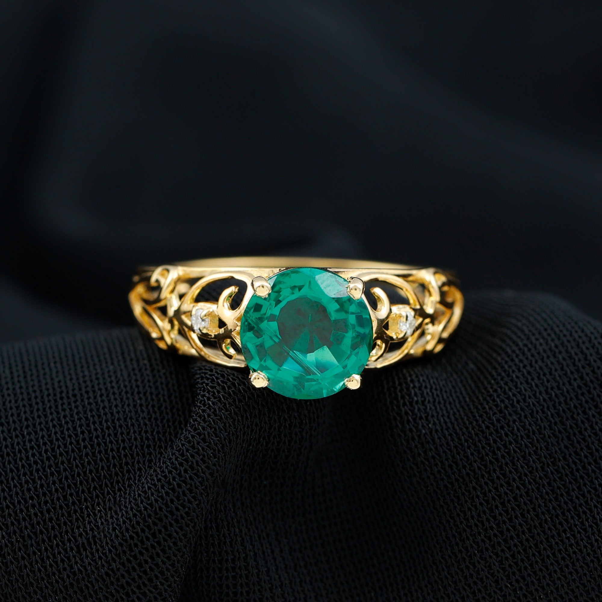 Certified 8 mm Lab Grown Emerald Antique Engagement Ring