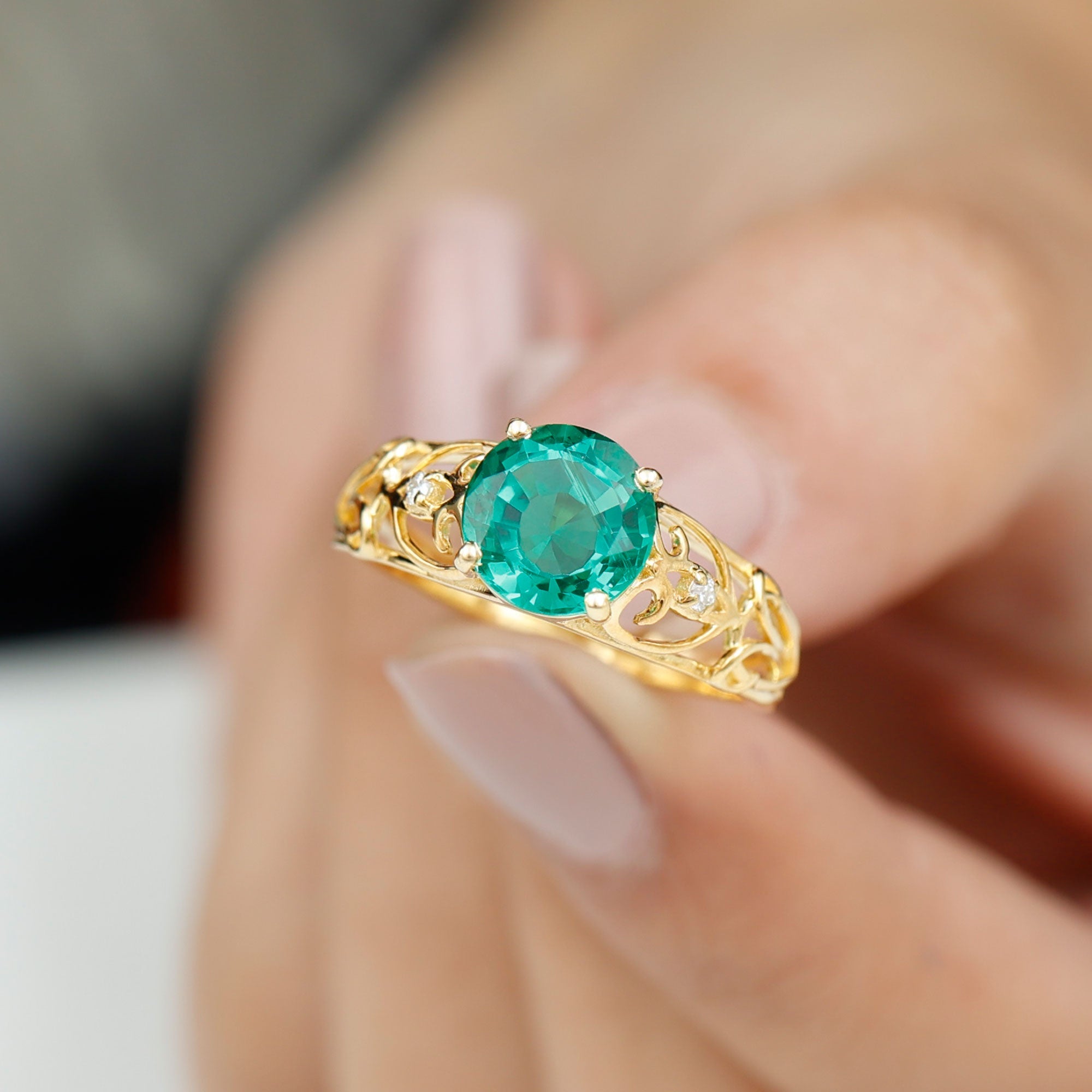 Certified 8 mm Lab Grown Emerald Antique Engagement Ring
