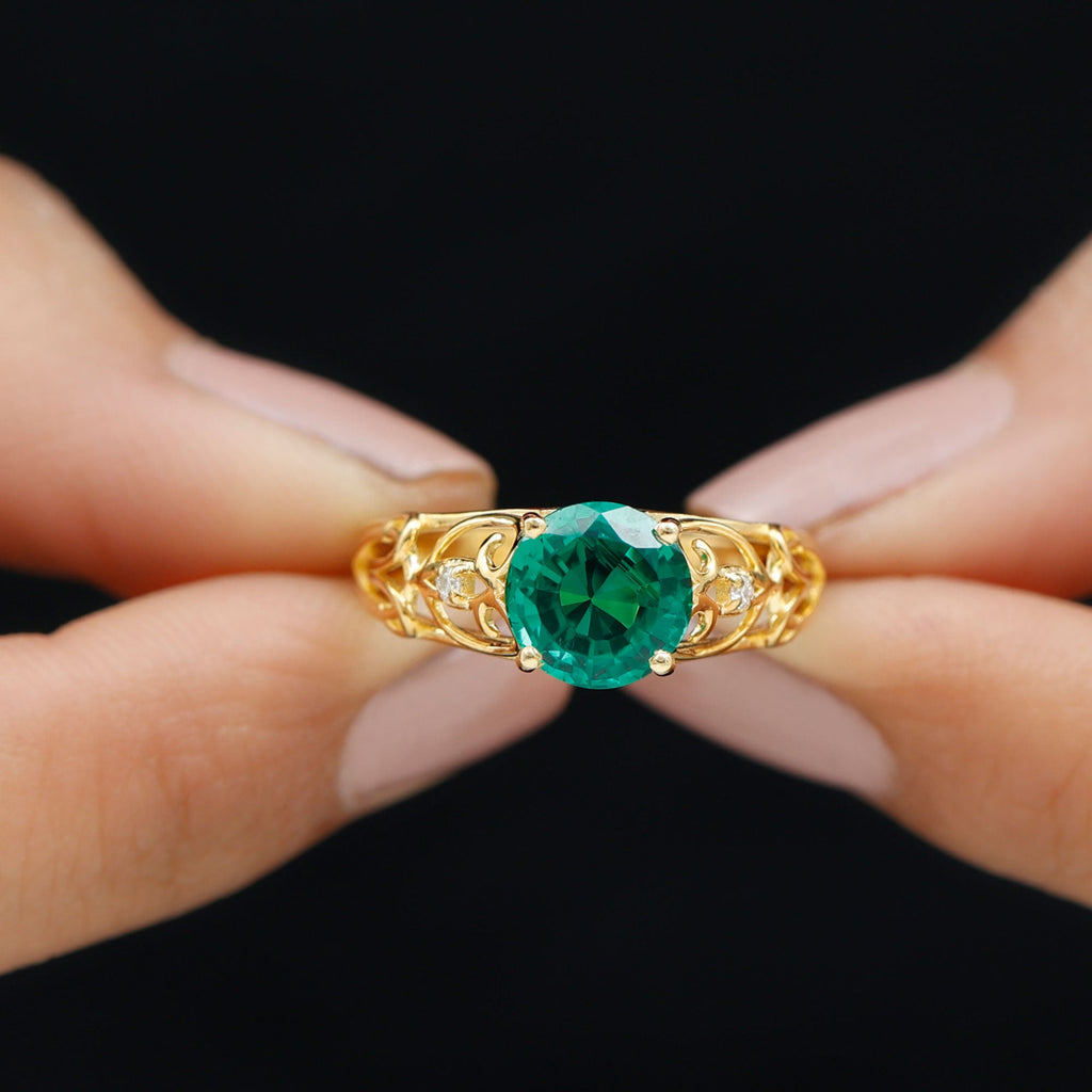 Certified 8 mm Lab Grown Emerald Antique Engagement Ring