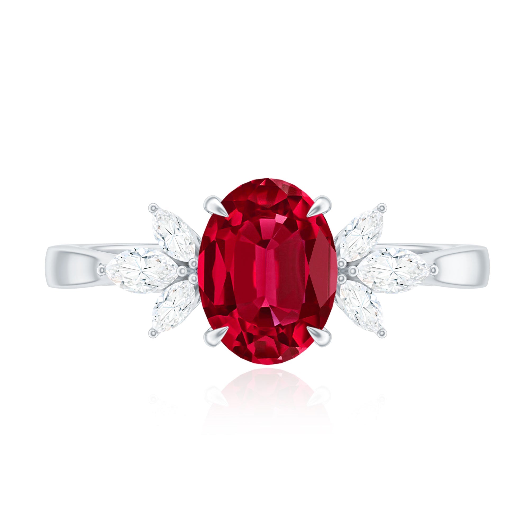2 CT Claw Set Oval Created Ruby Solitaire and Marquise Diamond Trio Ring