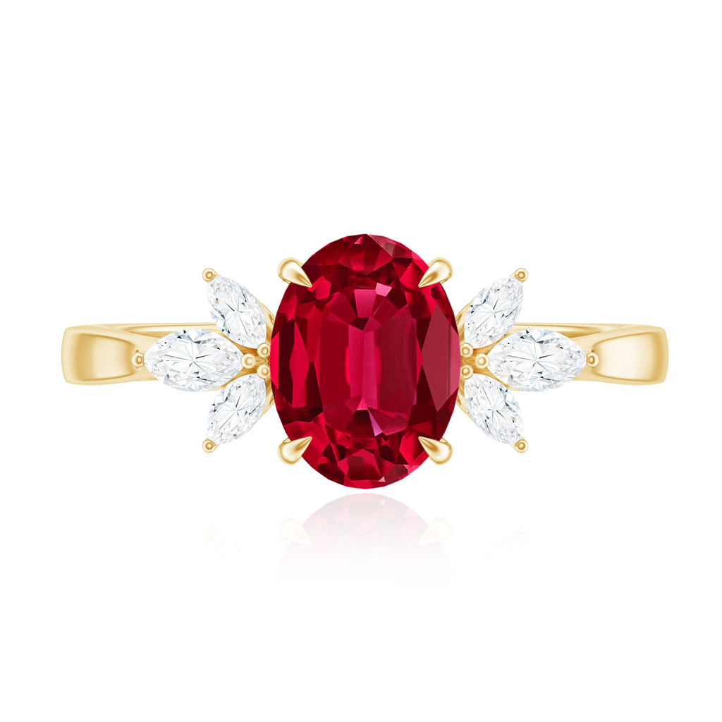 2 CT Claw Set Oval Created Ruby Solitaire and Marquise Diamond Trio Ring