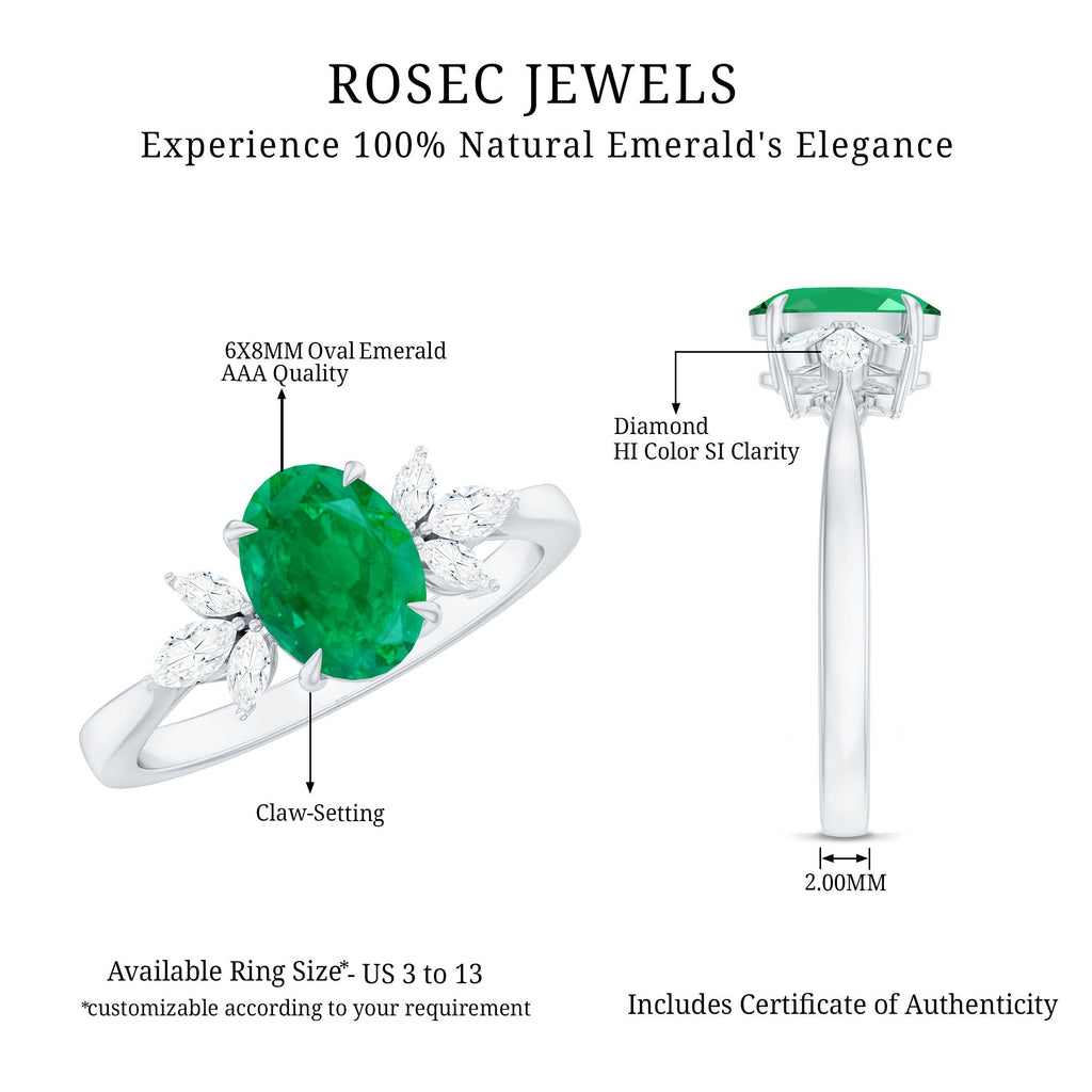 Natural 6X8MM Oval Emerald Engagement Ring with Diamond Trio