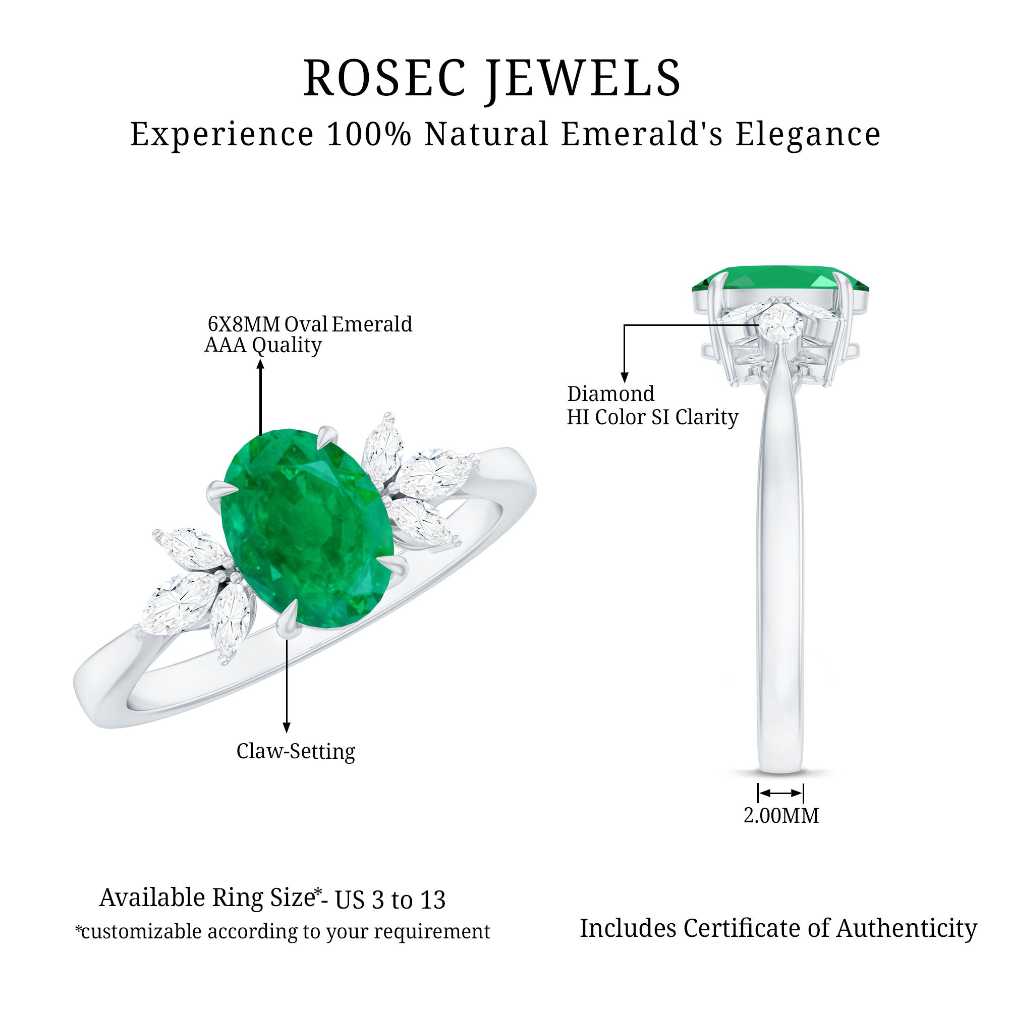 Natural 6X8MM Oval Emerald Engagement Ring with Diamond Trio