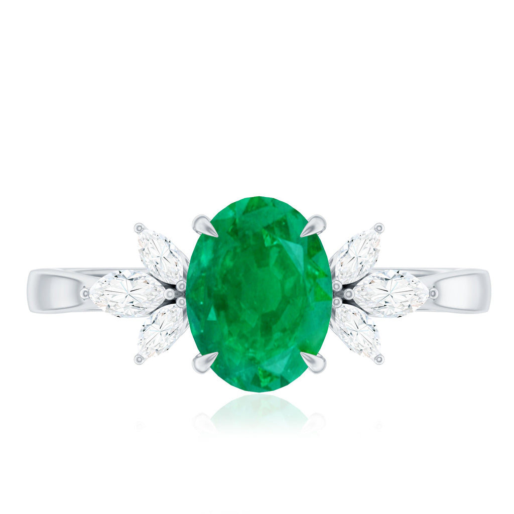 Natural 6X8MM Oval Emerald Engagement Ring with Diamond Trio