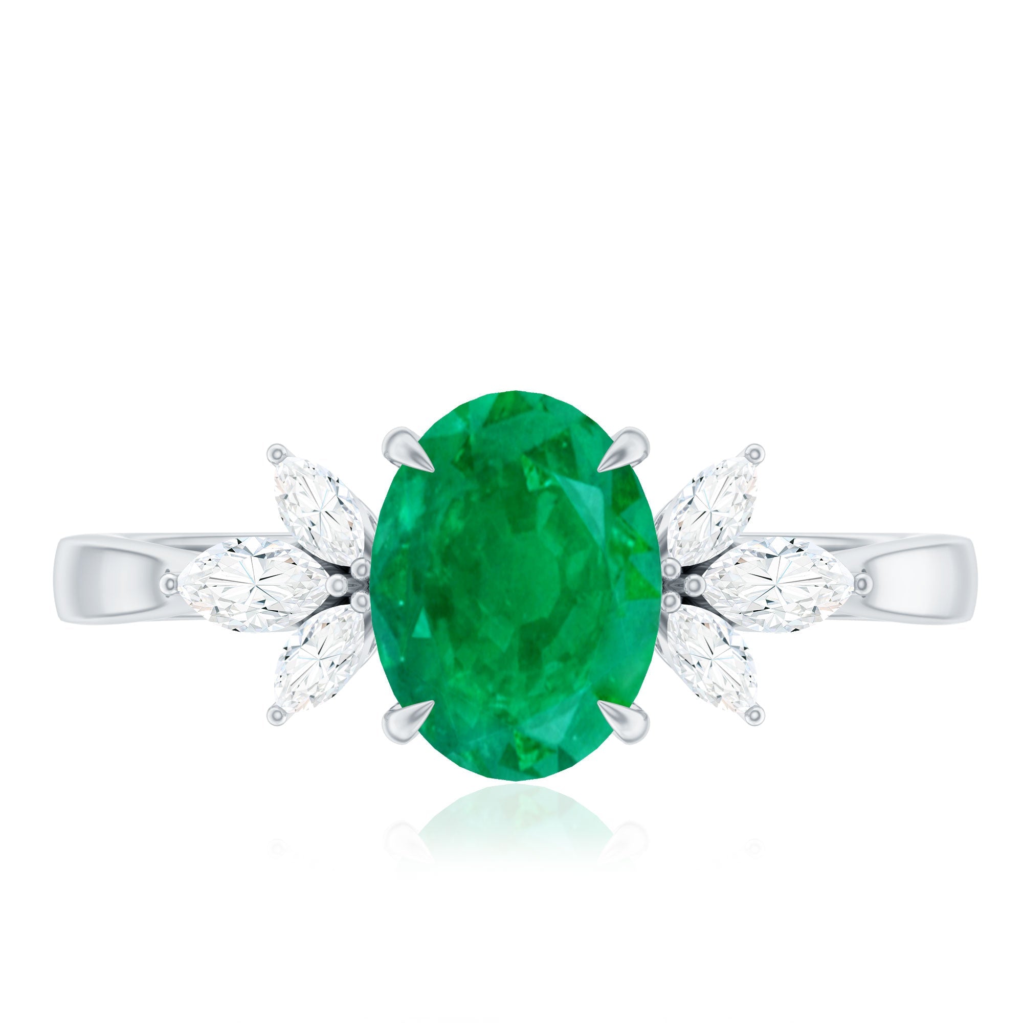 Natural 6X8MM Oval Emerald Engagement Ring with Diamond Trio