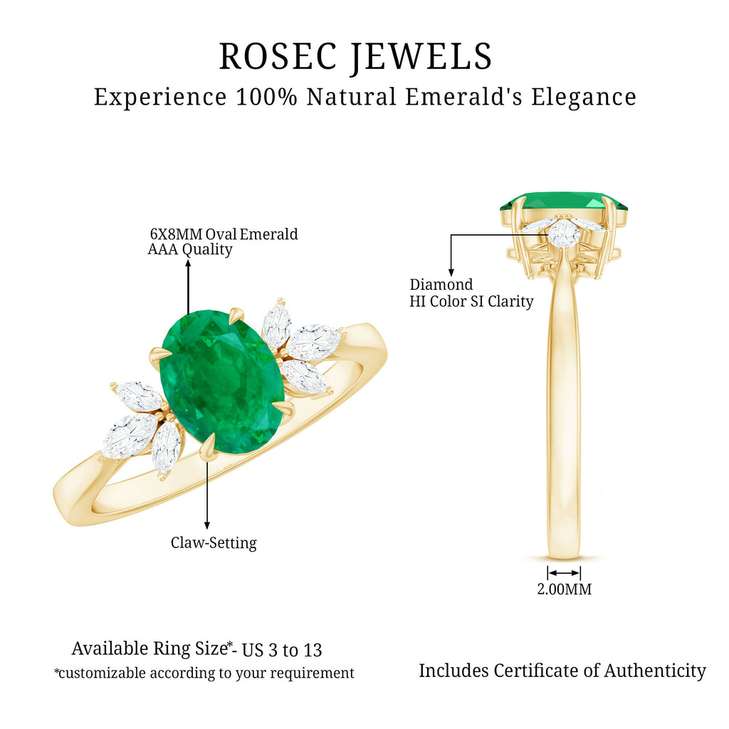 Natural 6X8MM Oval Emerald Engagement Ring with Diamond Trio