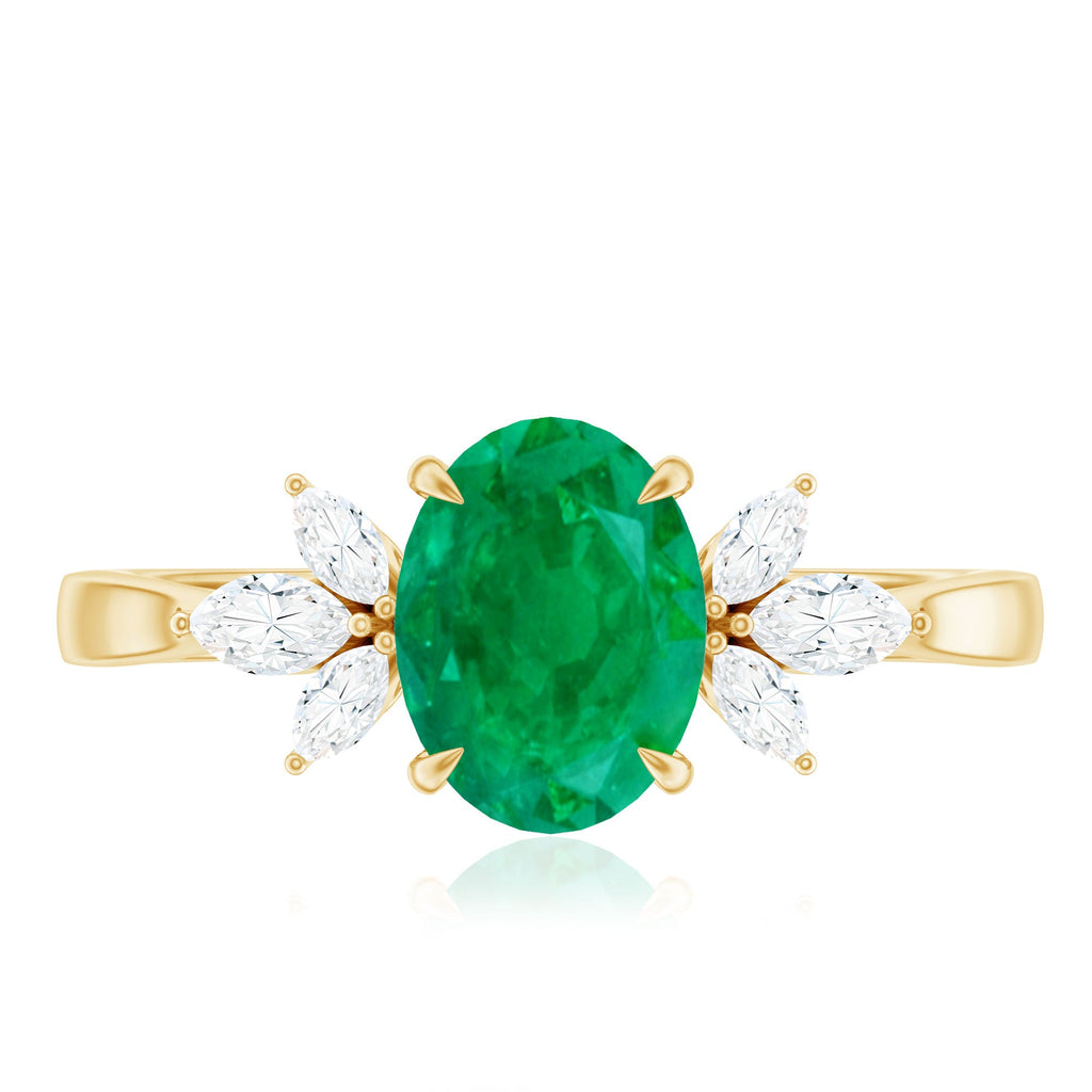 Natural 6X8MM Oval Emerald Engagement Ring with Diamond Trio