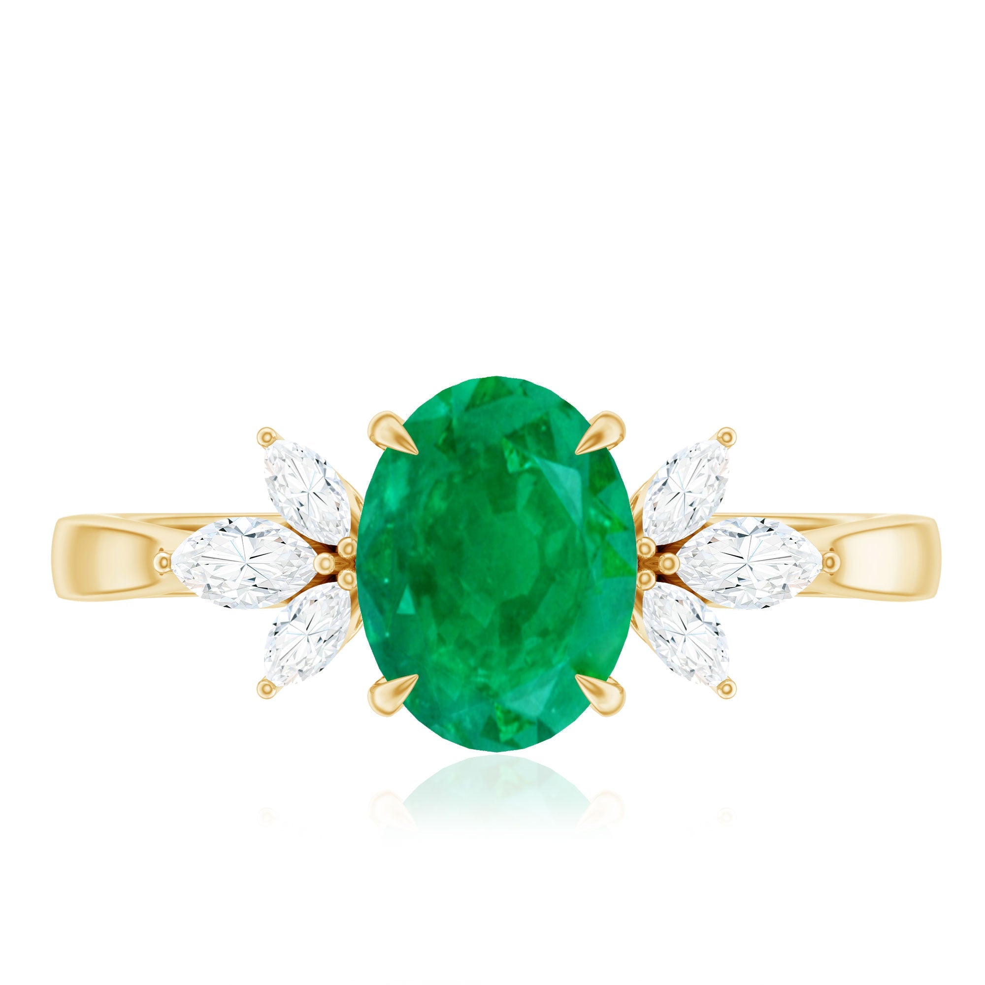 Natural 6X8MM Oval Emerald Engagement Ring with Diamond Trio