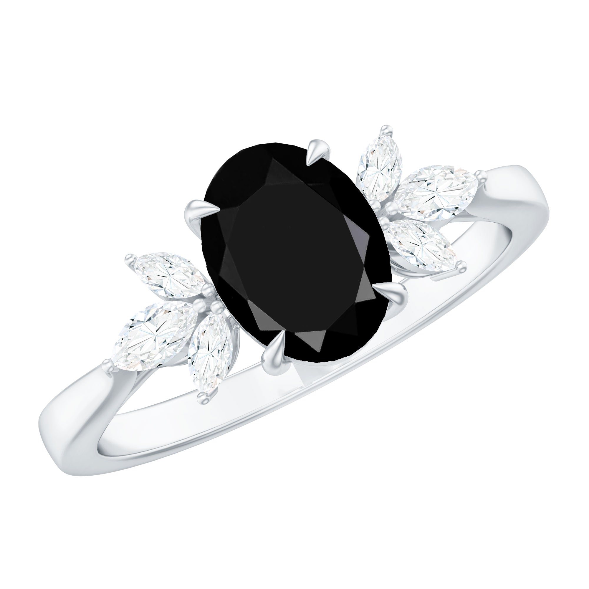 Oval Cut Black Onyx Engagement Ring with Diamond Trio