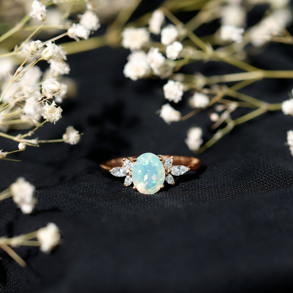 Natural 6X8mm Rainbow Opal Oval Engagement Ring with Diamond