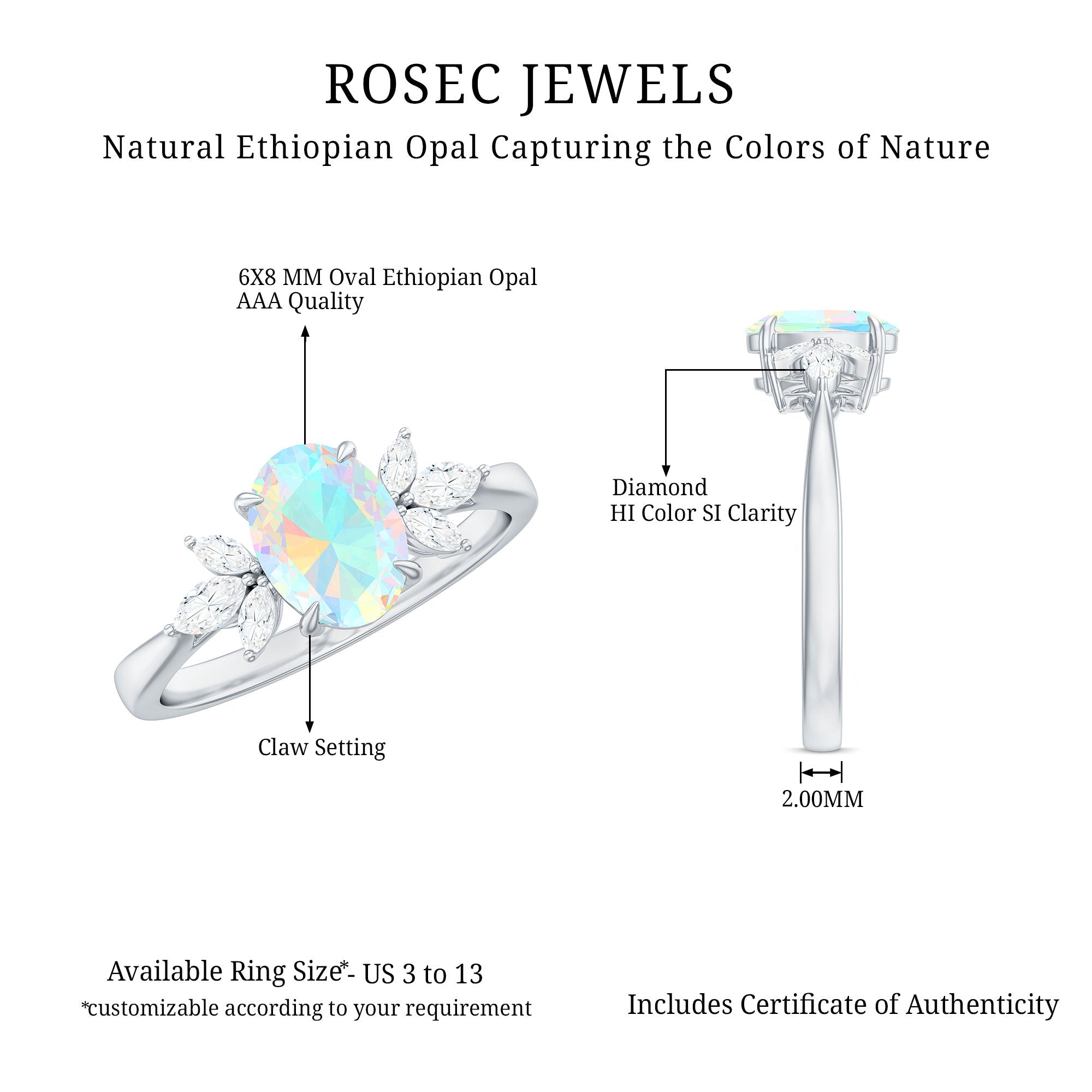 Natural 6X8mm Rainbow Opal Oval Engagement Ring with Diamond