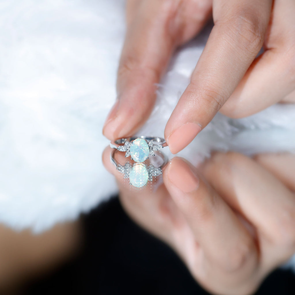 Natural 6X8mm Rainbow Opal Oval Engagement Ring with Diamond