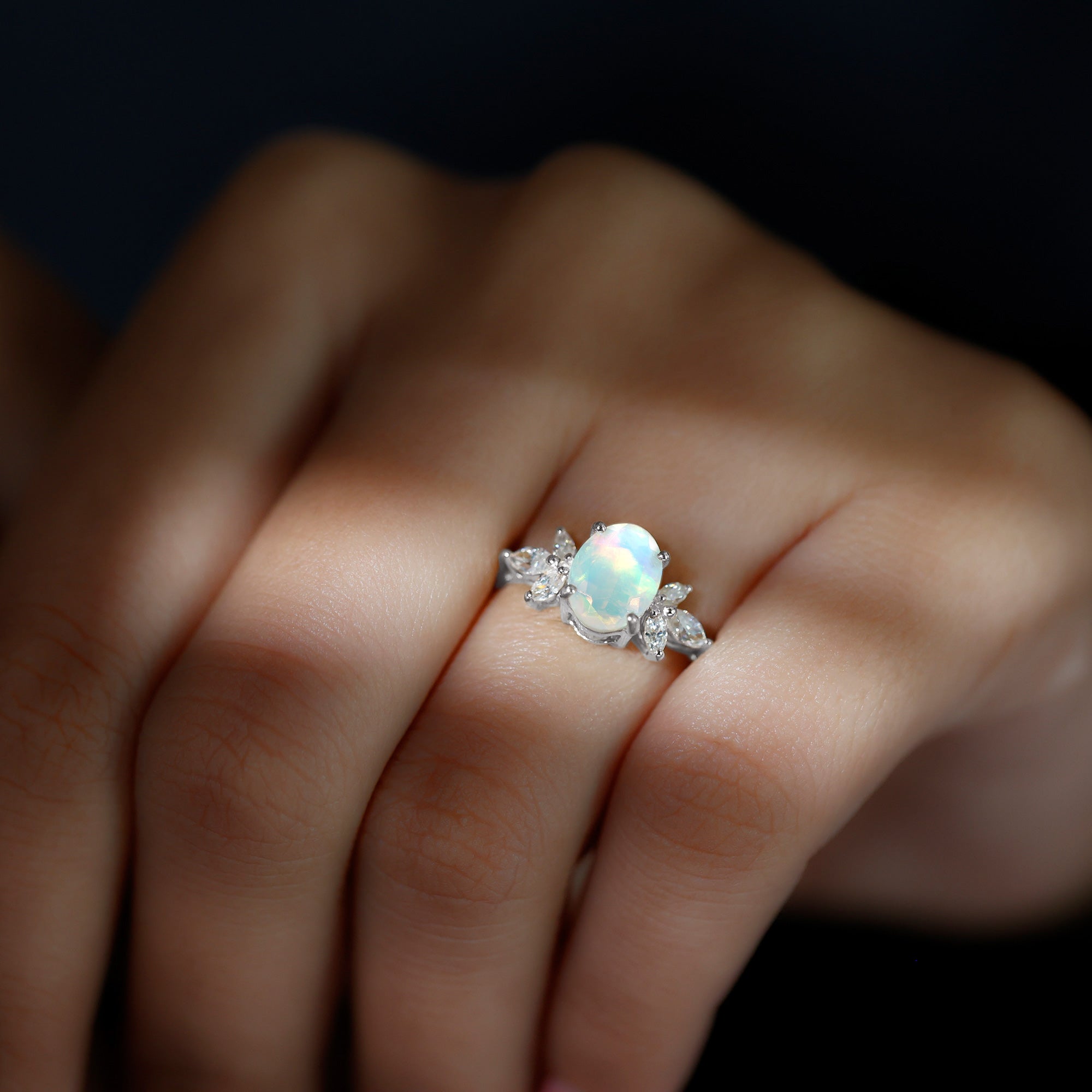 Natural 6X8mm Rainbow Opal Oval Engagement Ring with Diamond