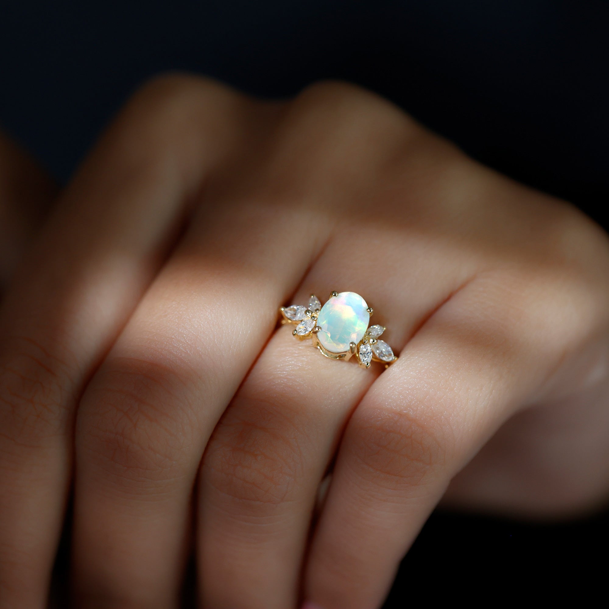 Natural 6X8mm Rainbow Opal Oval Engagement Ring with Diamond