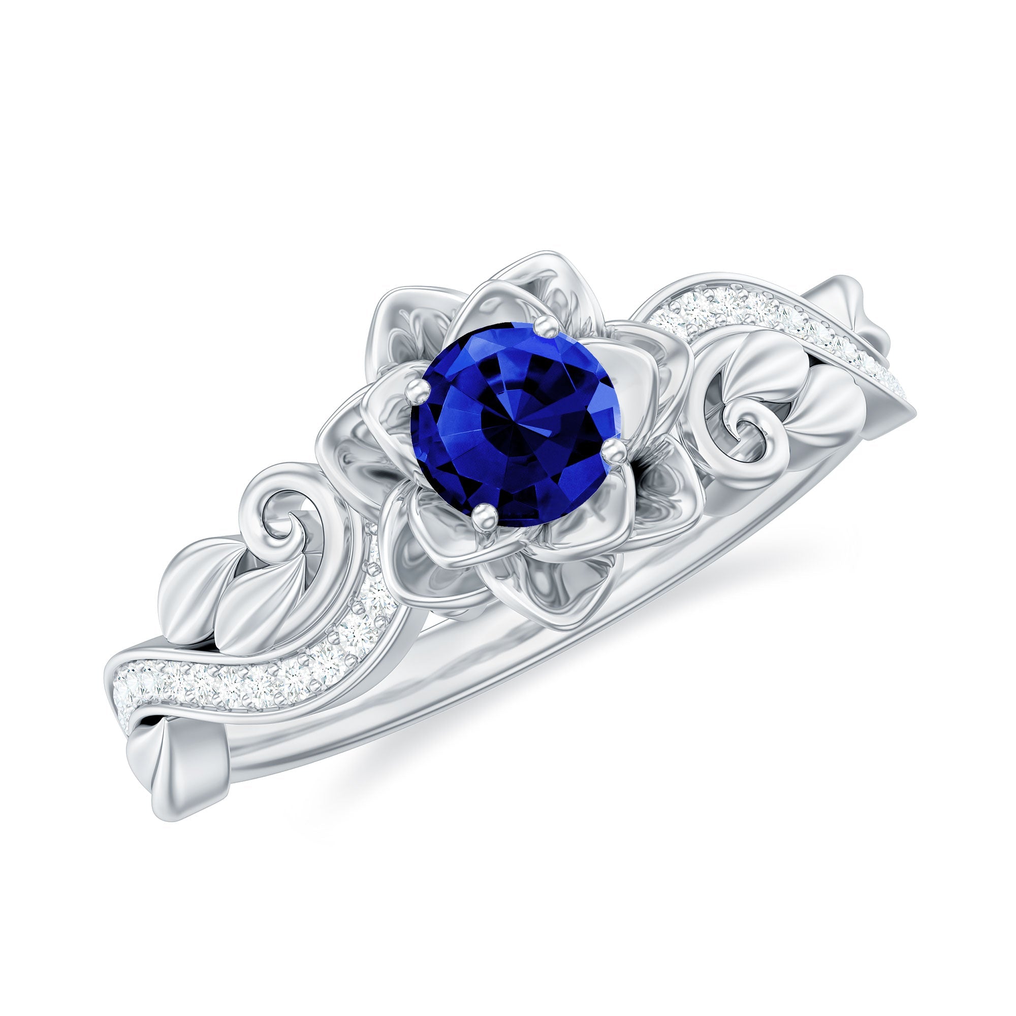 Certified Lab Grown Blue Sapphire Flower Engagement Ring with Diamond