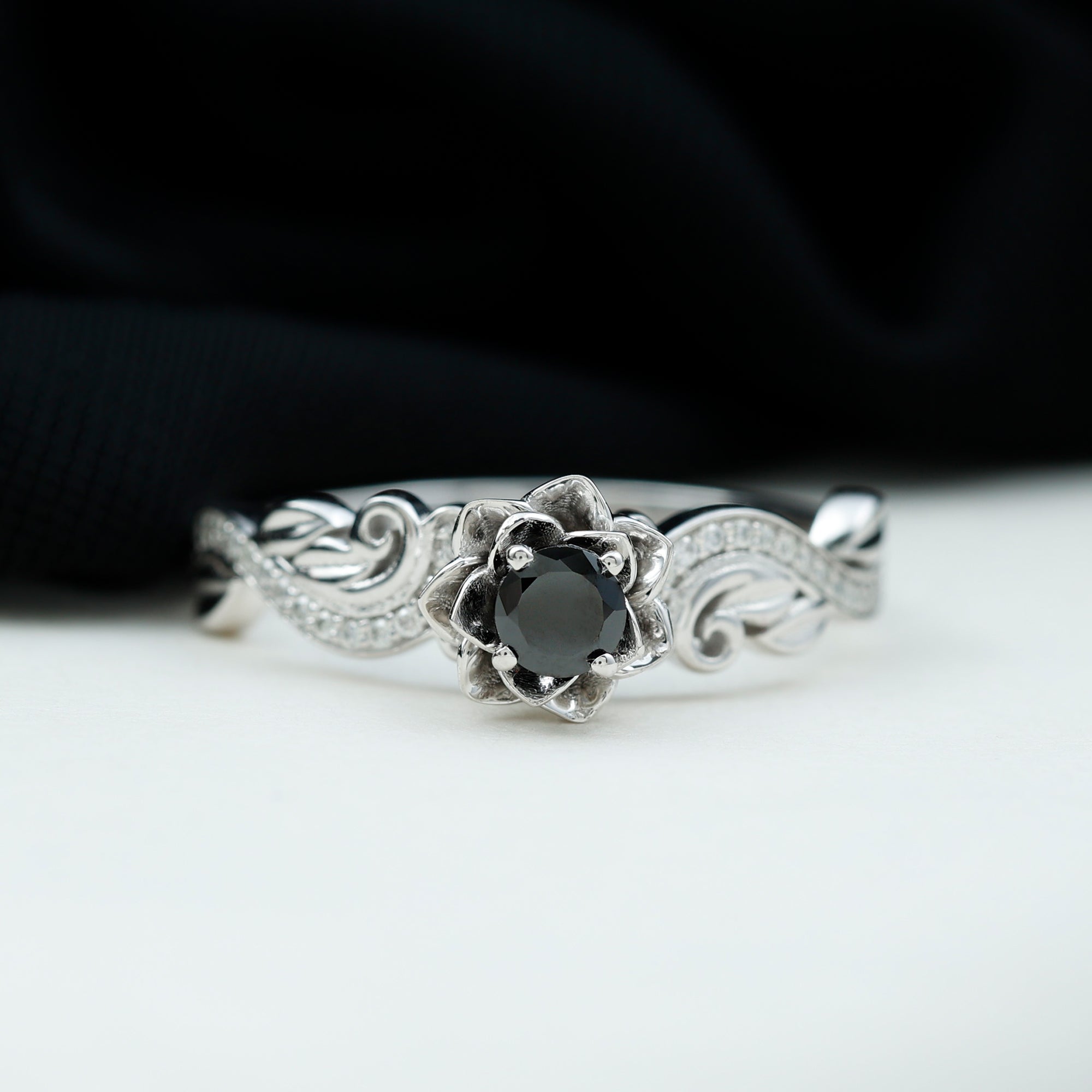 Flower Inspired Created Black Diamond and Diamond Engagement Ring