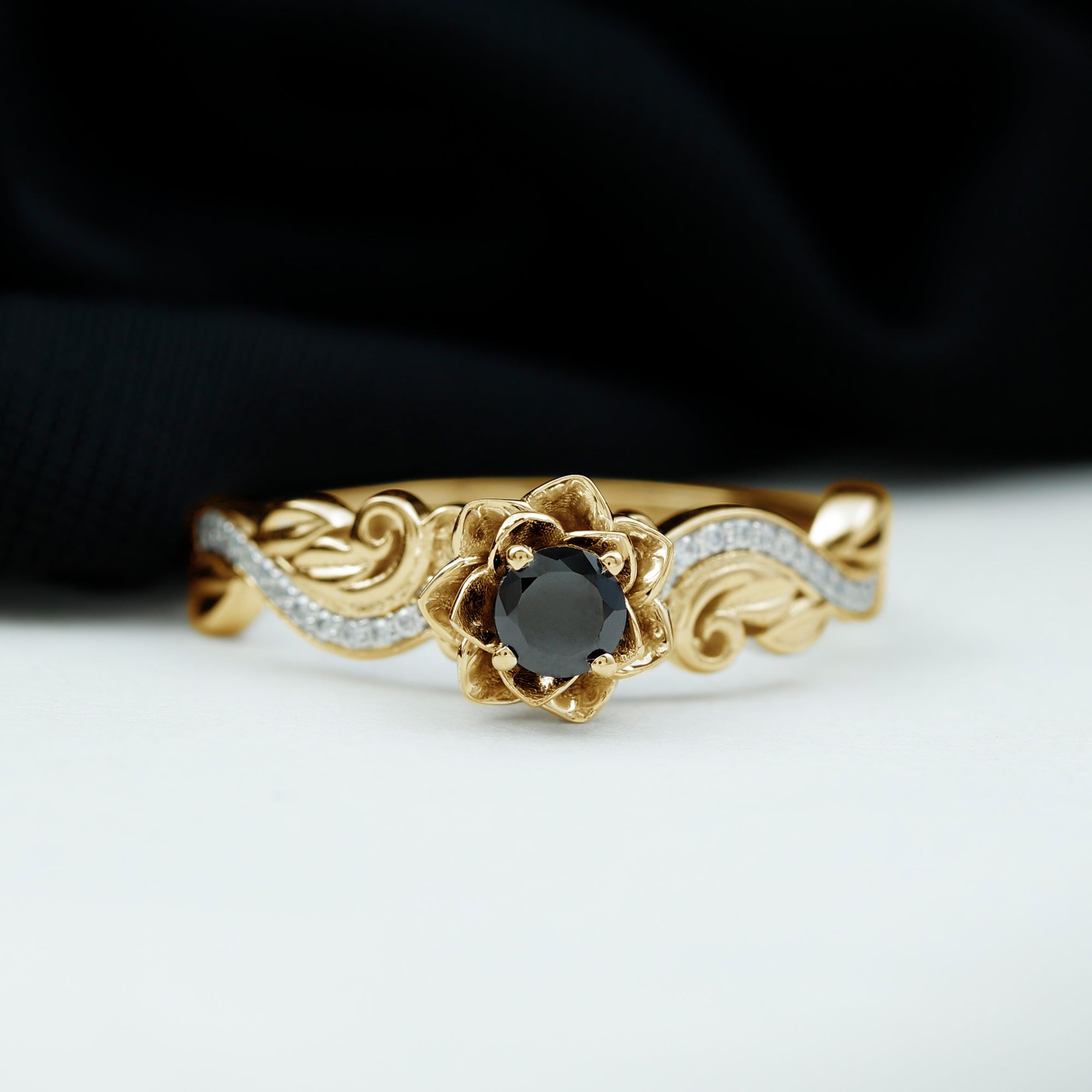 Flower Inspired Created Black Diamond and Diamond Engagement Ring