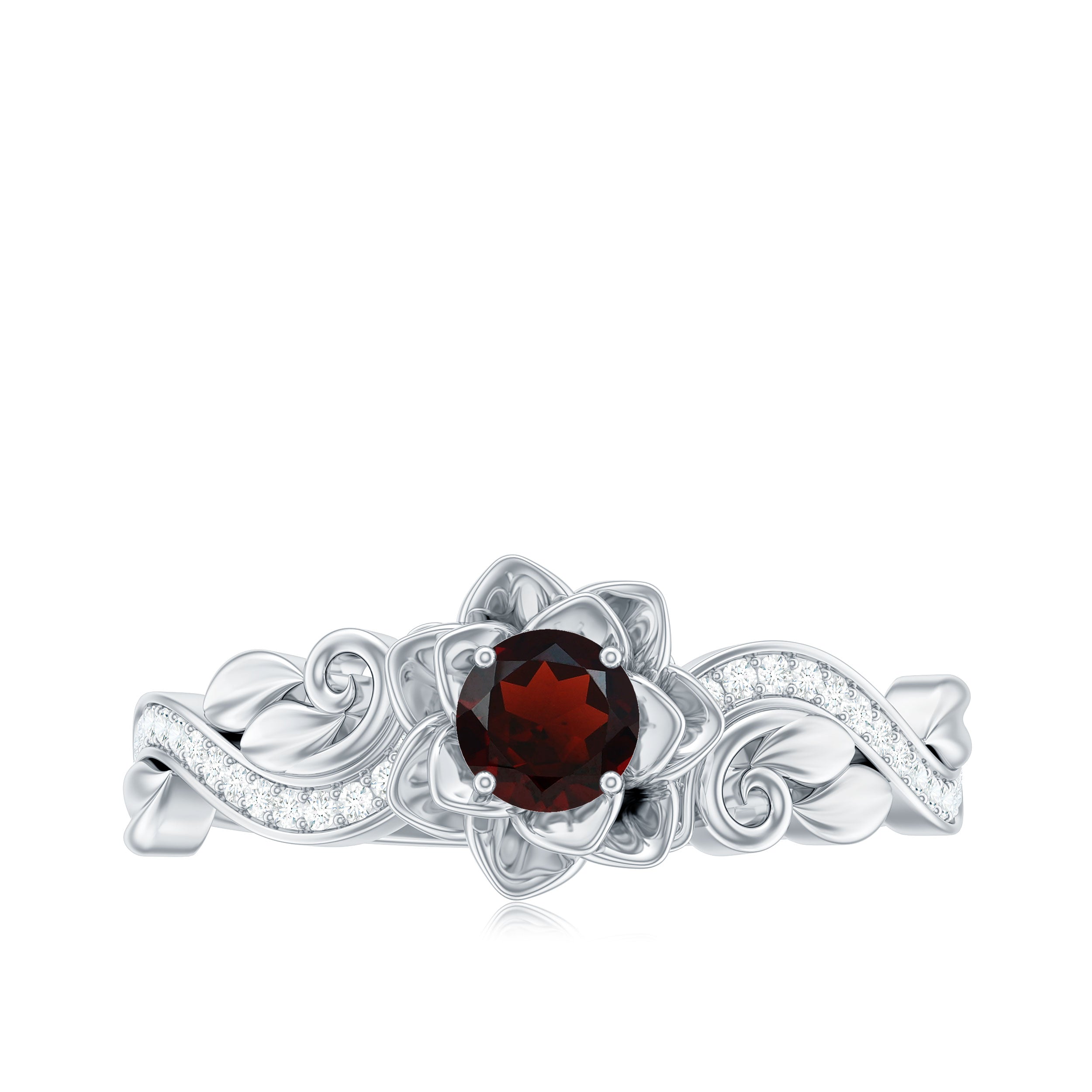Certified Natural Garnet Rose Flower Engagement Ring with Diamond