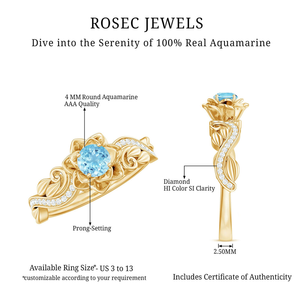 Natural Aquamarine Flower Inspired Engagement Ring With Diamond